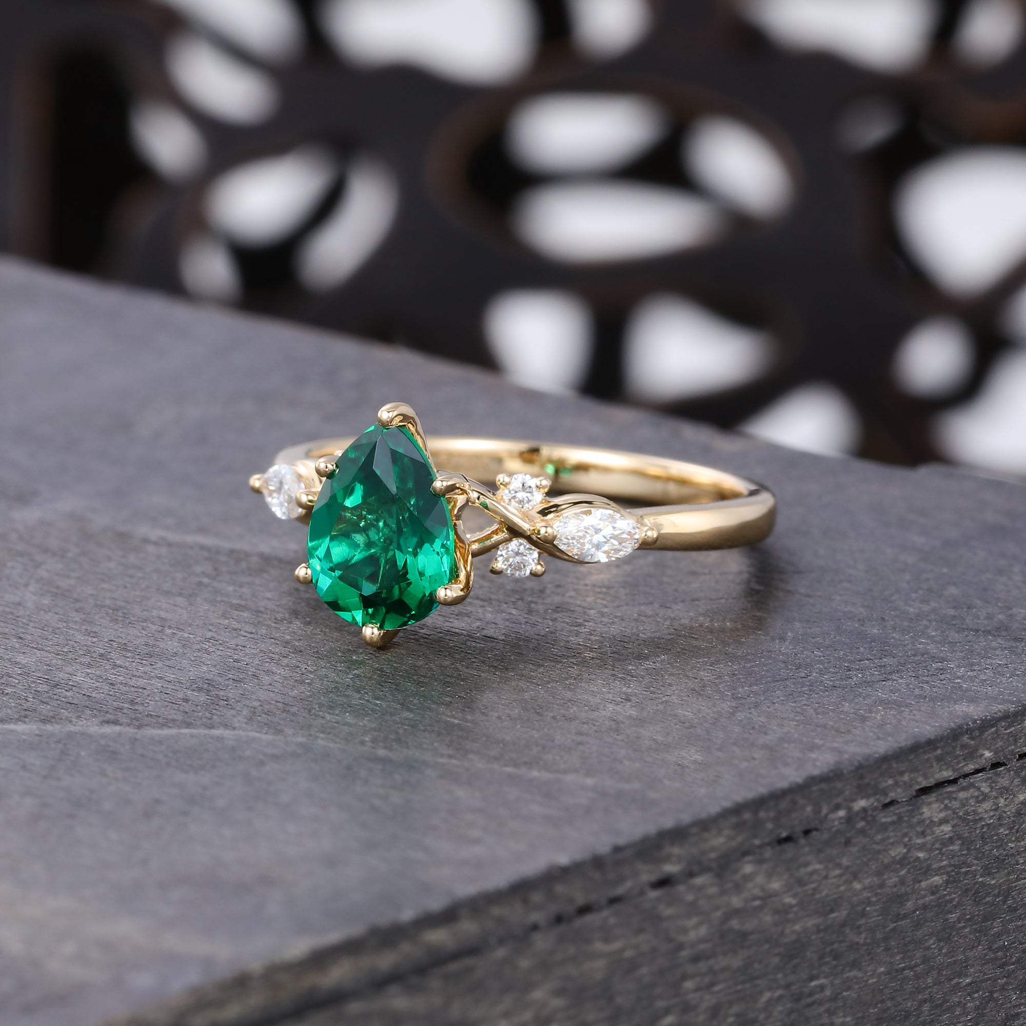 Pear Cut Lab Emerald Engagement Ring Unique Vintage Ring For Women
