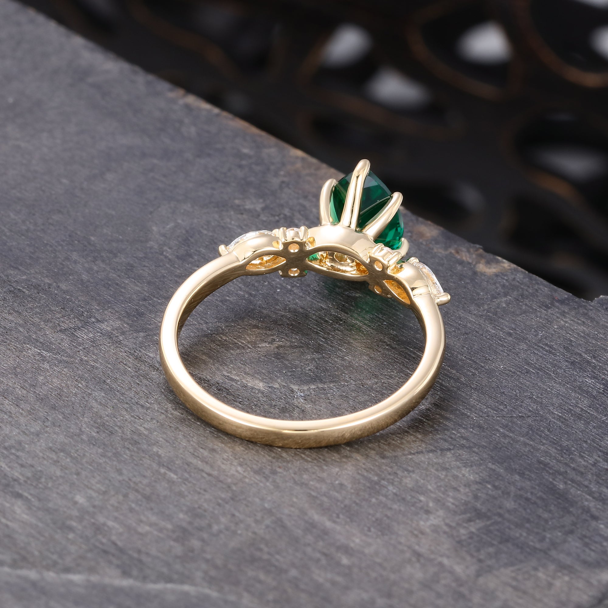 Pear Cut Lab Emerald Engagement Ring Unique Vintage Ring For Women