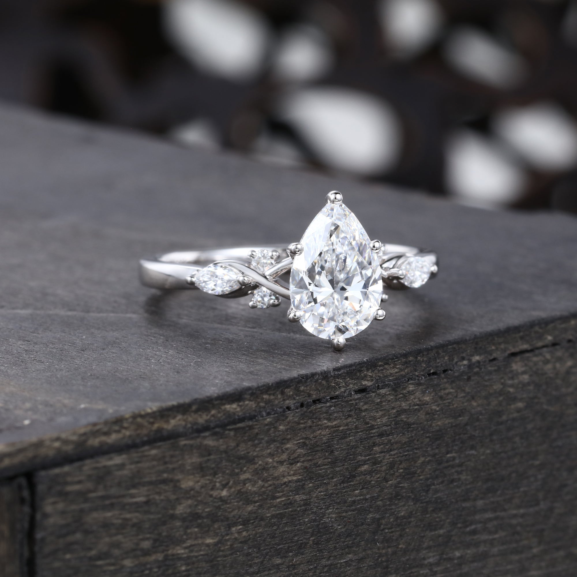 Pear Cut Lab Grown Diamond Unique Six Prong Engagement Ring in White Gold