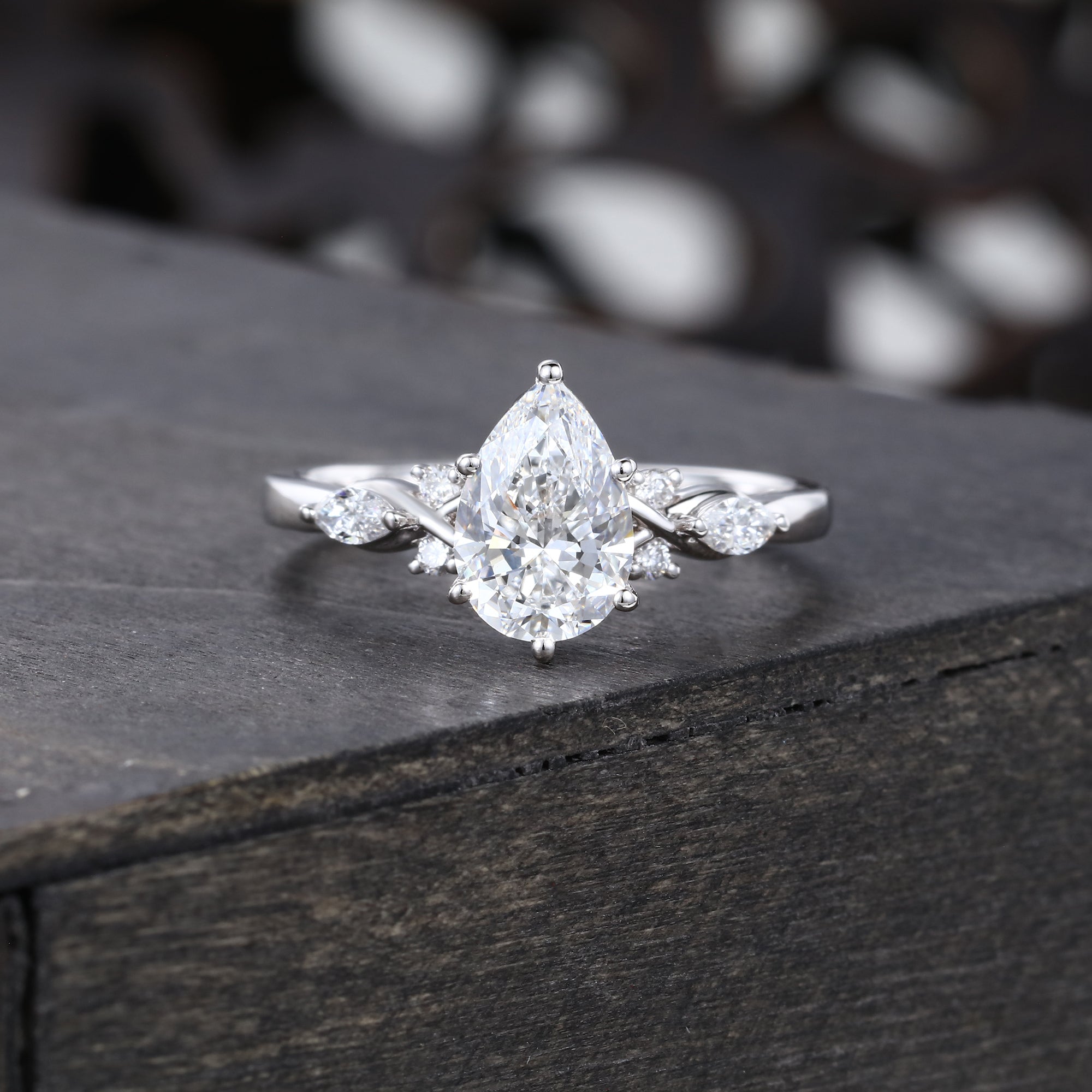 Pear Cut Lab Grown Diamond Unique Six Prong Engagement Ring in White Gold