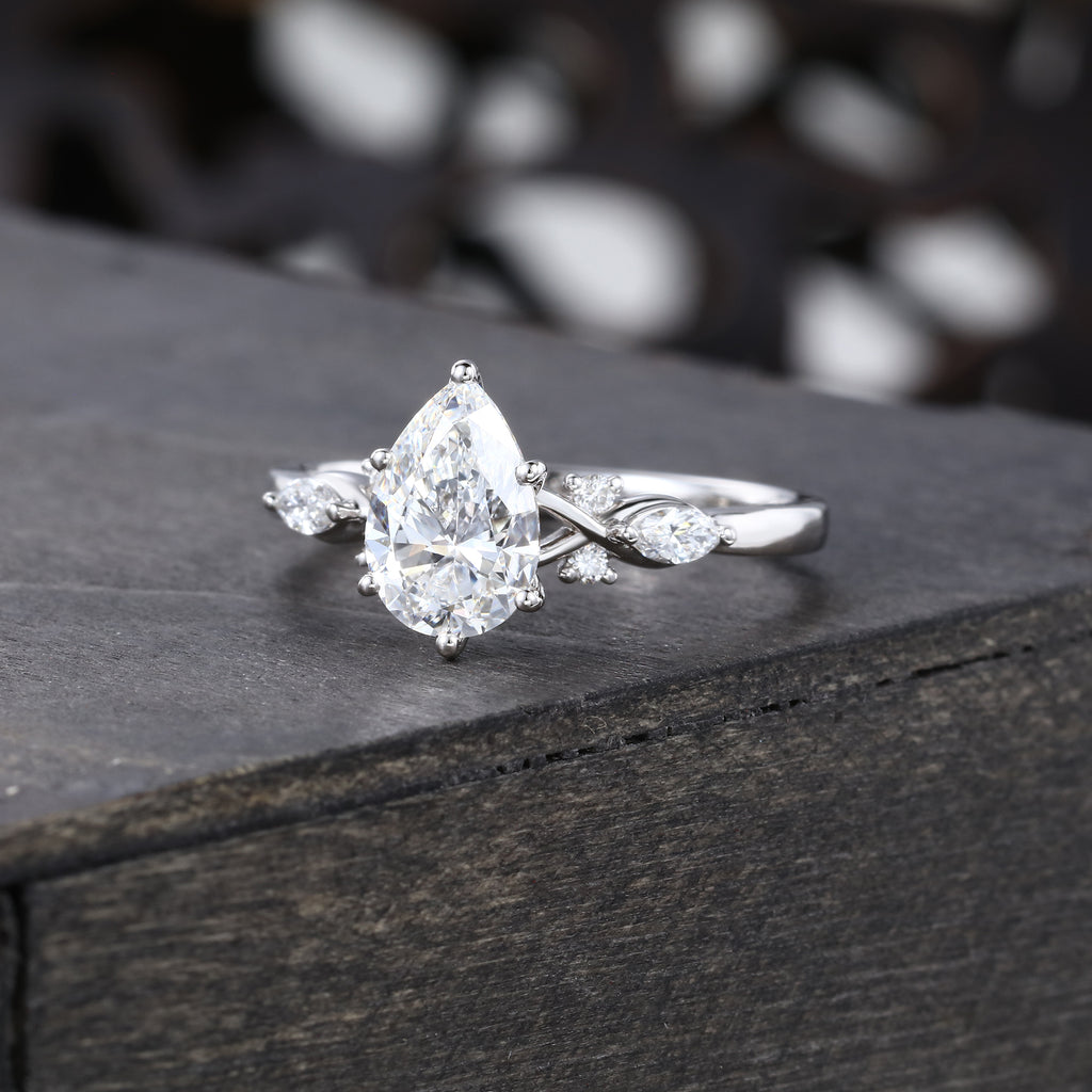 Pear Cut Lab Grown Diamond Unique Six Prong Engagement Ring in White Gold