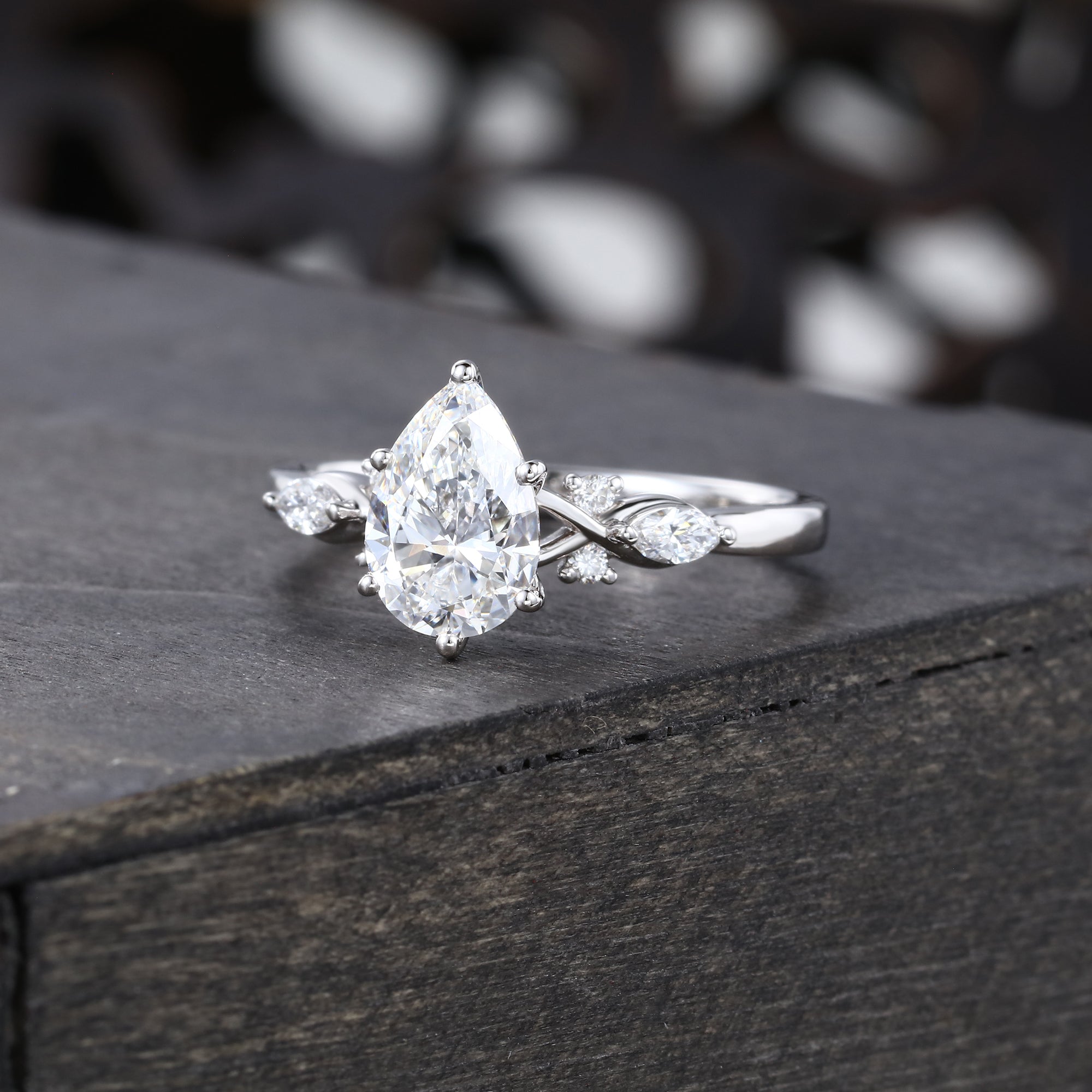 Pear Cut Lab Grown Diamond Unique Six Prong Engagement Ring in White Gold