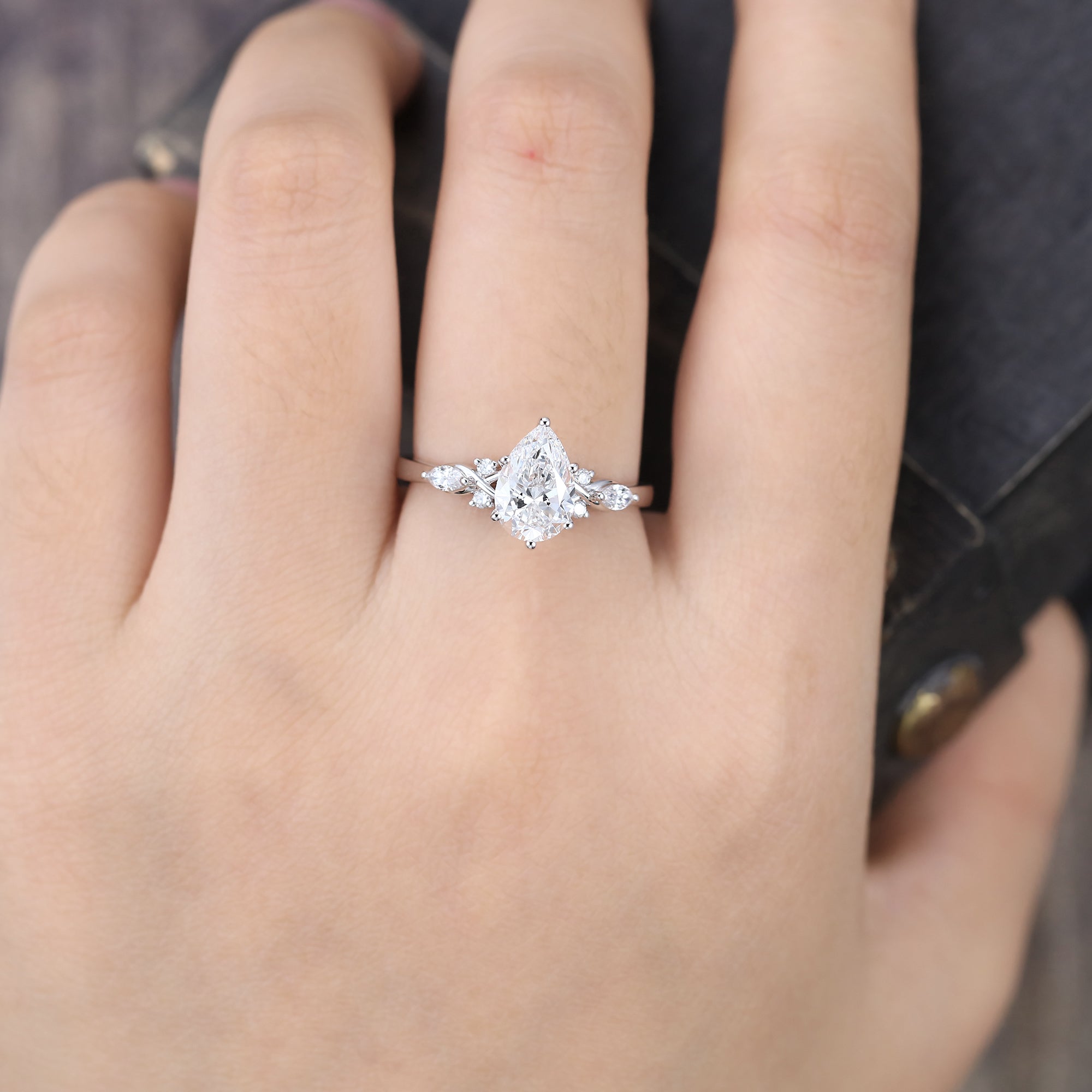 Pear Cut Lab Grown Diamond Unique Six Prong Engagement Ring in White Gold