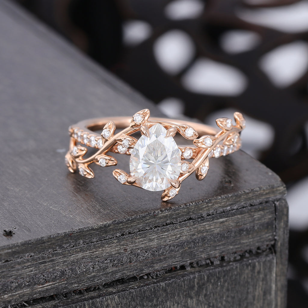 Pear Cut Moissanite Engagement Ring Nature Inspired With Leaf Accents