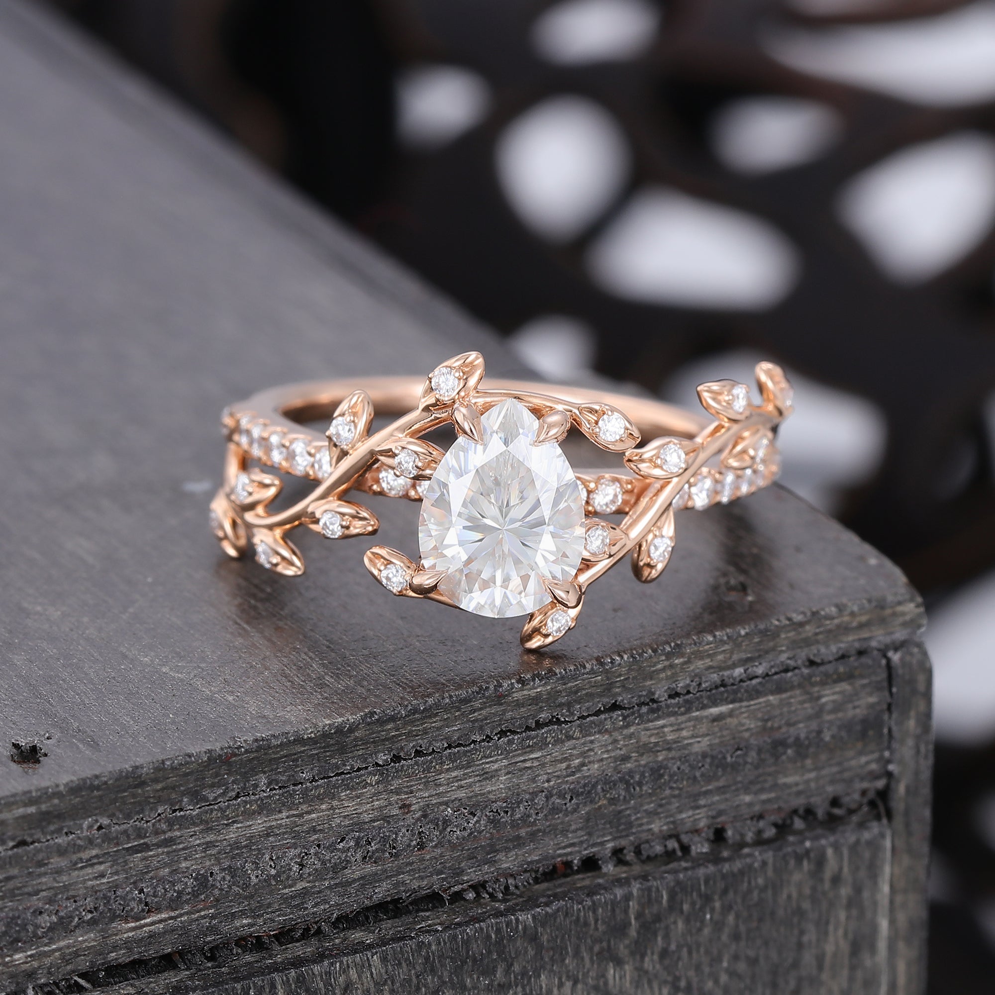 Pear Cut Moissanite Engagement Ring Nature Inspired With Leaf Accents