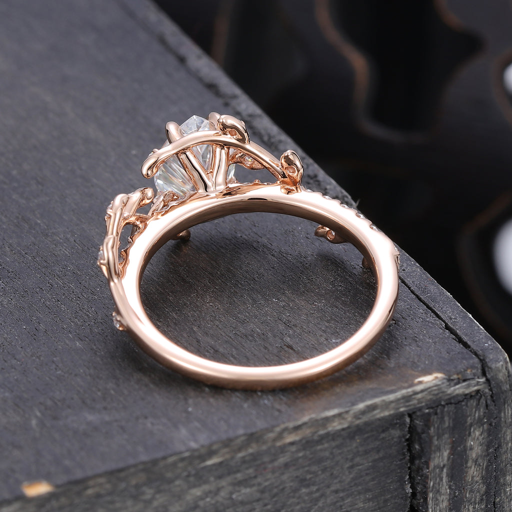Pear Cut Moissanite Engagement Ring Nature Inspired With Leaf Accents