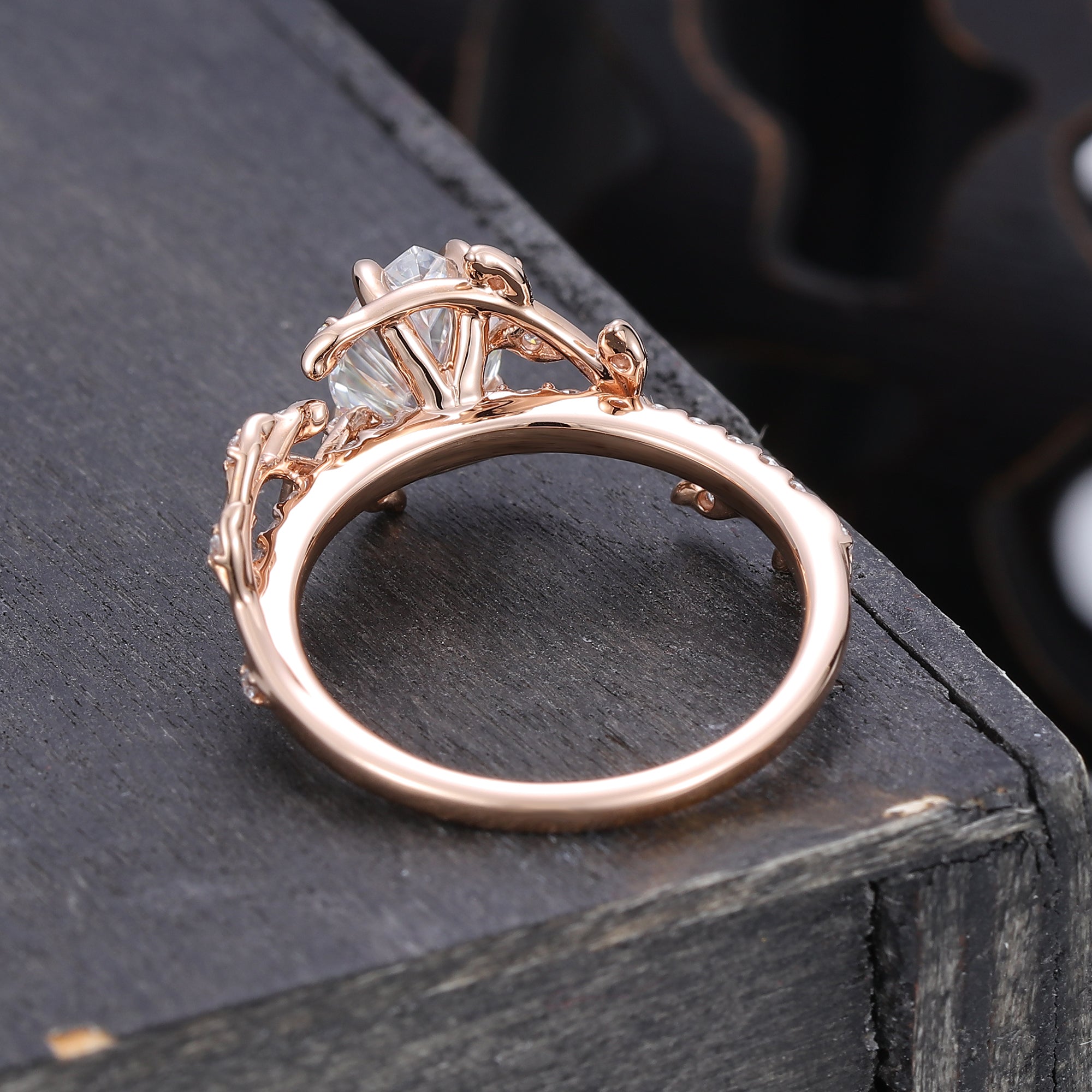 Pear Cut Moissanite Engagement Ring Nature Inspired With Leaf Accents