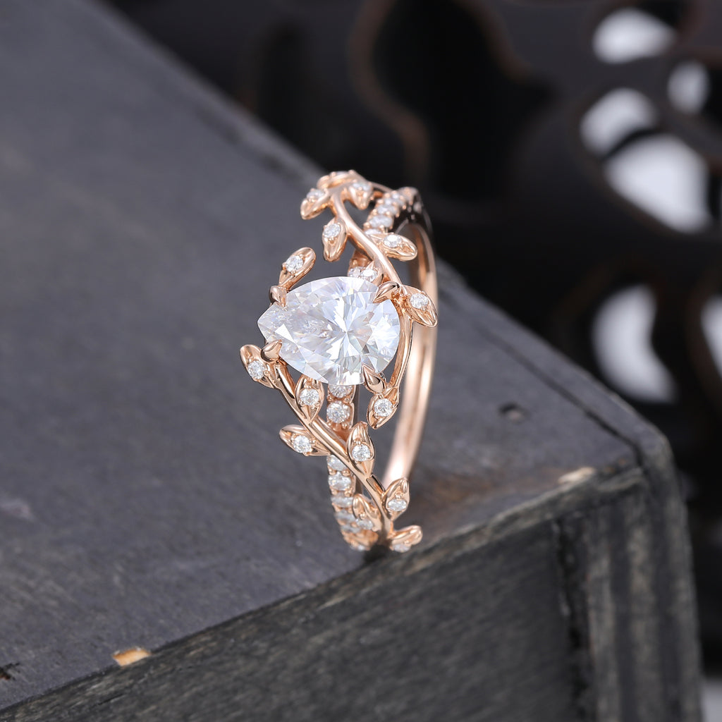 Pear Cut Moissanite Engagement Ring Nature Inspired With Leaf Accents