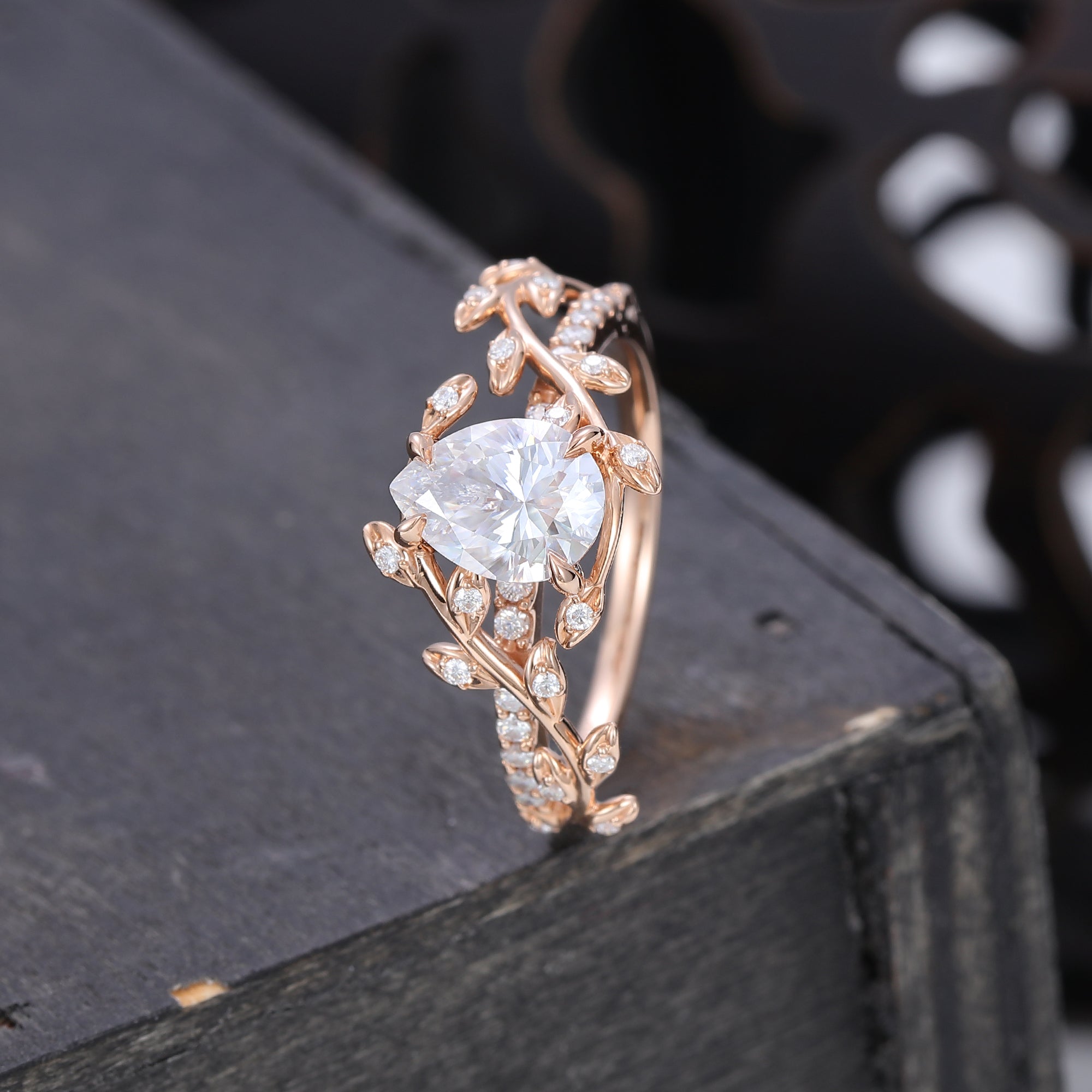 Pear Cut Moissanite Engagement Ring Nature Inspired With Leaf Accents