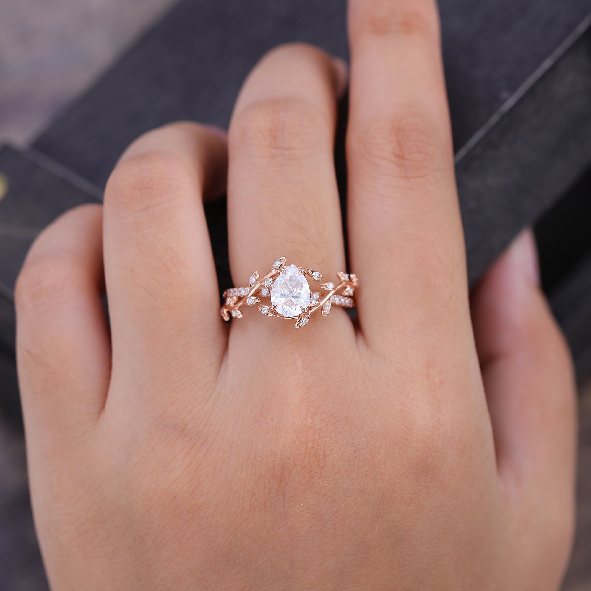 Pear Cut Moissanite Engagement Ring Nature Inspired With Leaf Accents