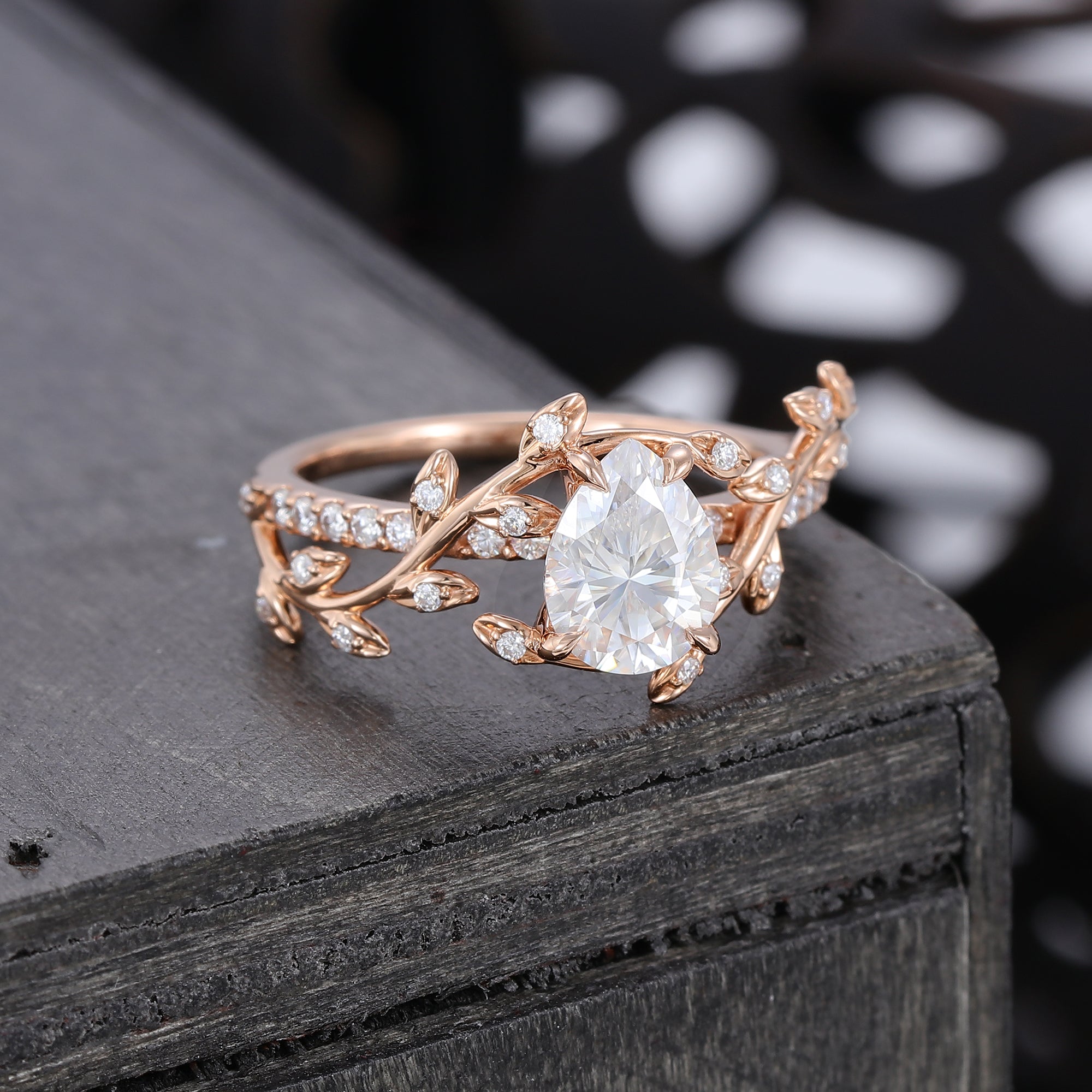 Pear Cut Moissanite Engagement Ring Nature Inspired With Leaf Accents