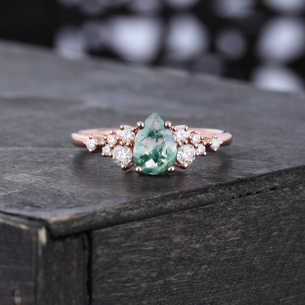 Pear Cut Moss Agate Cluster Engagement Ring