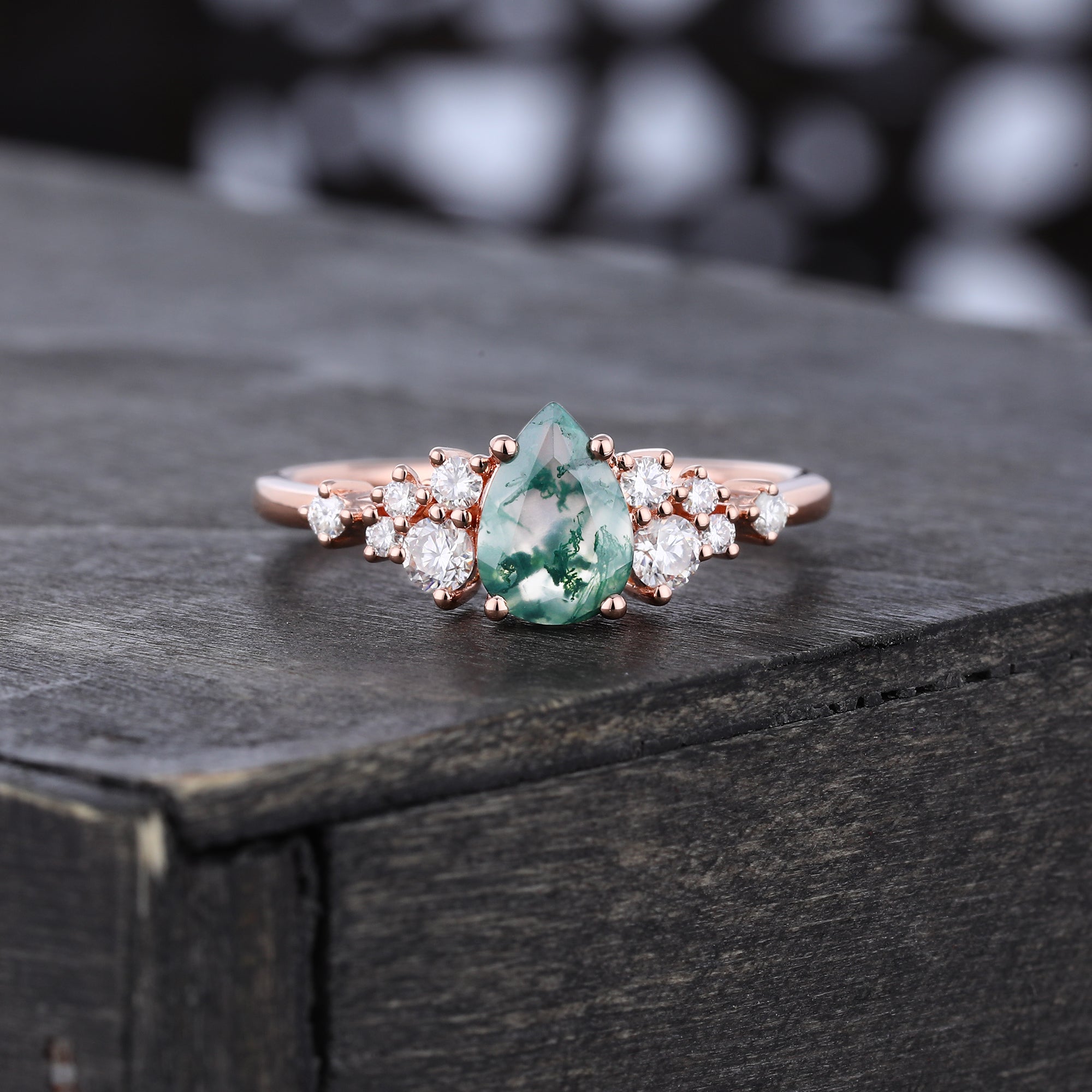 Pear Cut Moss Agate Cluster Engagement Ring