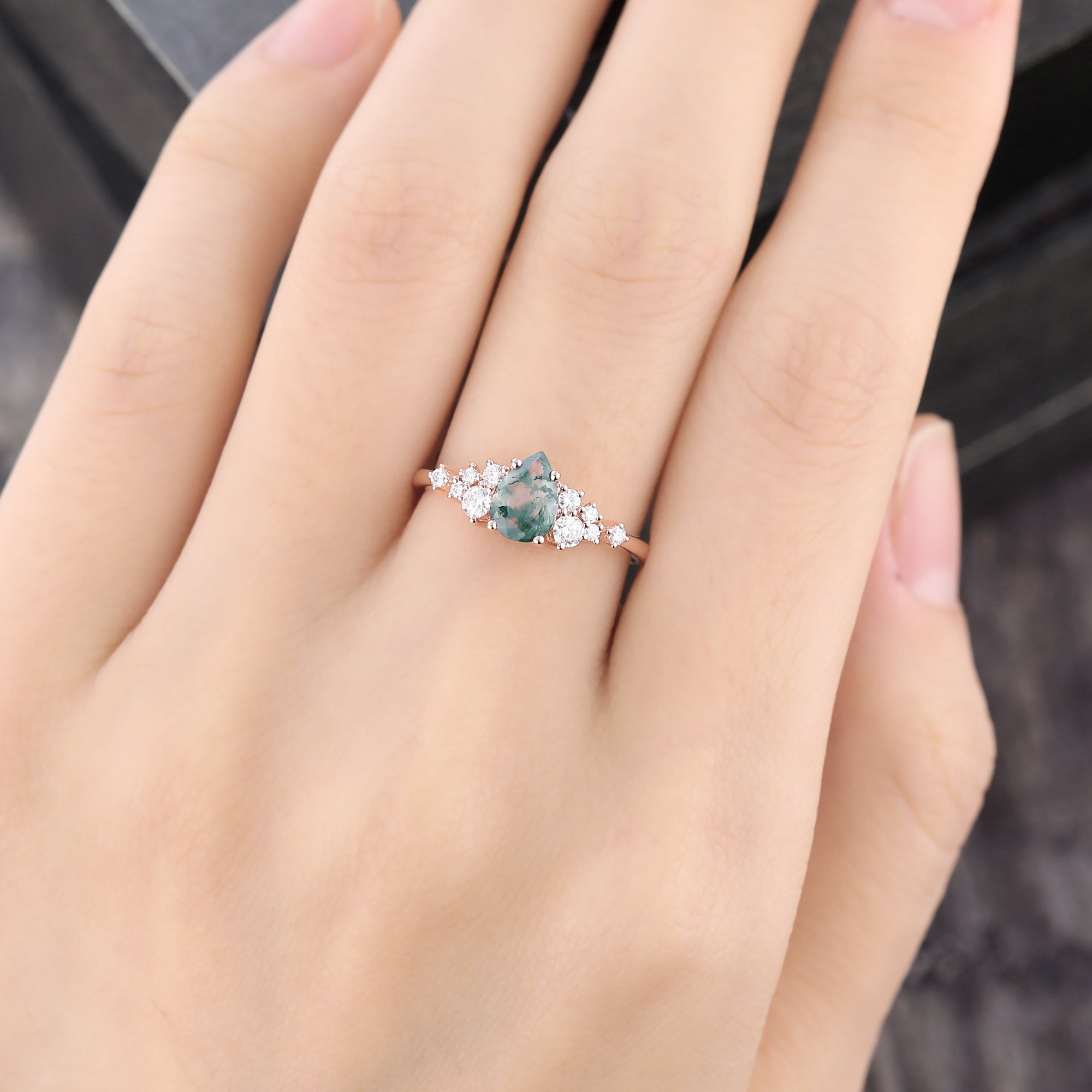 Pear Cut Moss Agate Cluster Engagement Ring