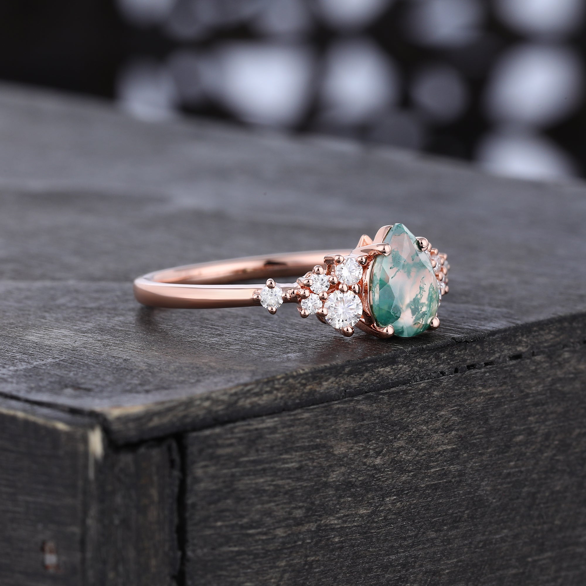 Pear Cut Moss Agate Cluster Engagement Ring