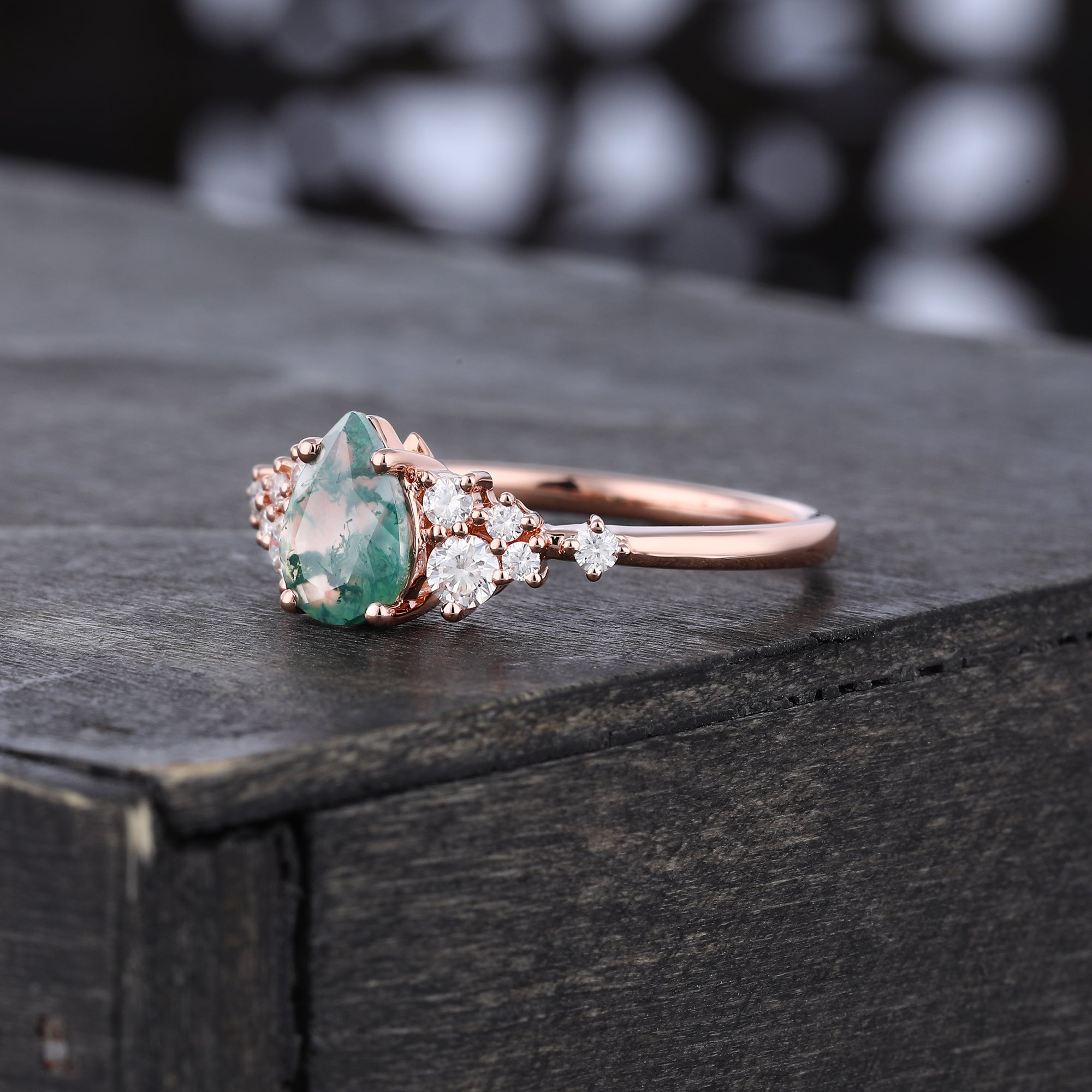 Pear Cut Moss Agate Cluster Engagement Ring