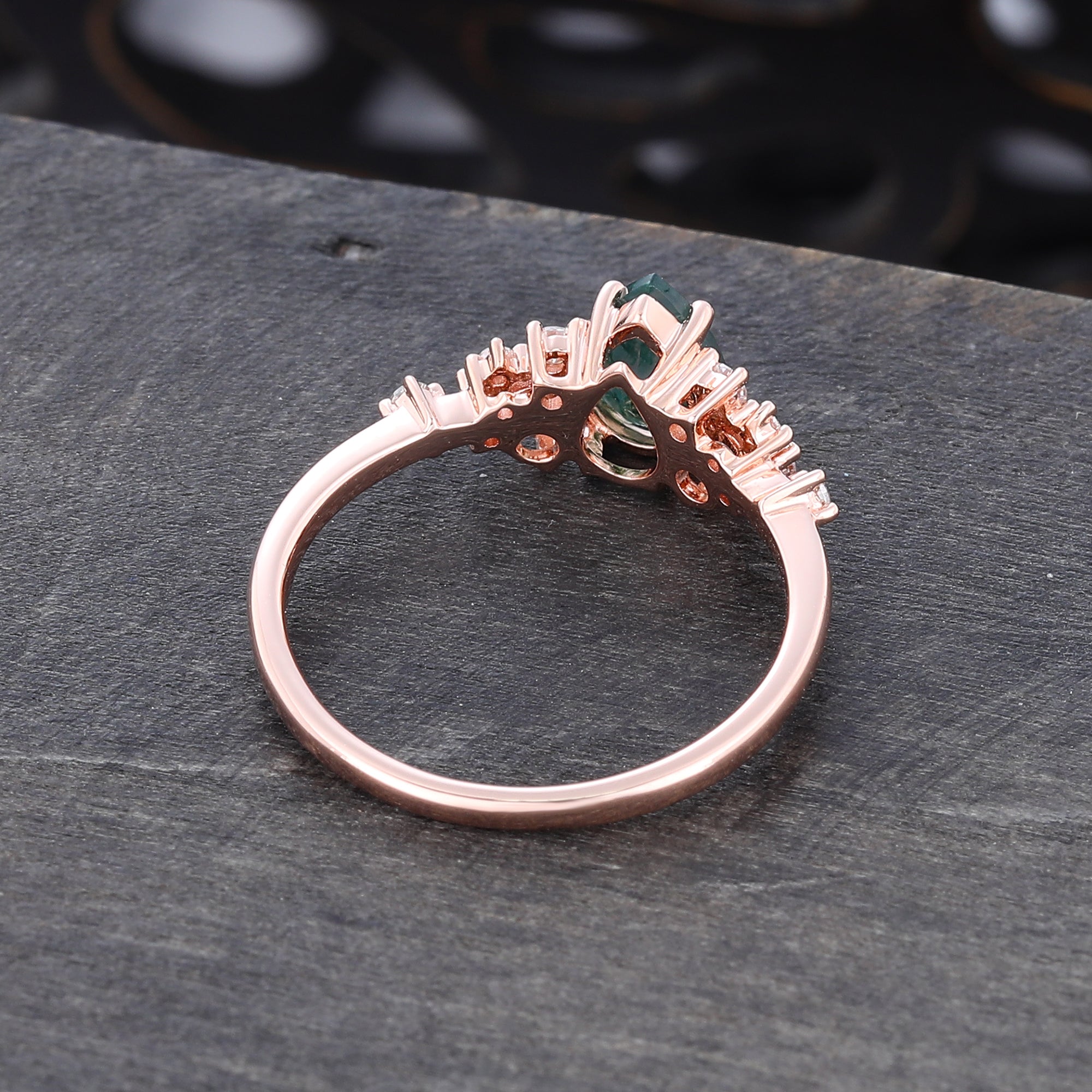 Pear Cut Moss Agate Cluster Engagement Ring