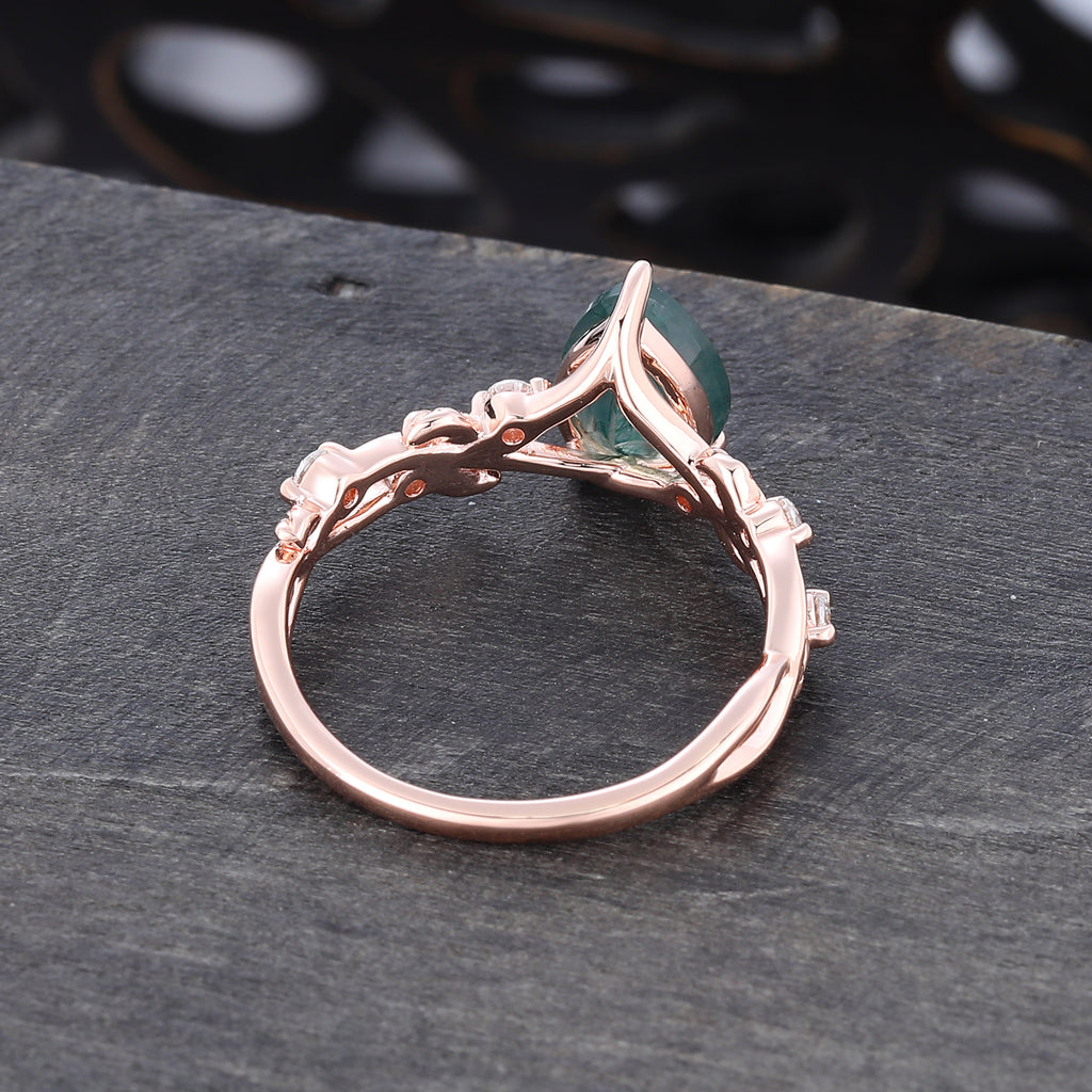 Pear Cut Moss Agate Engagement Ring Leaf Promise Ring