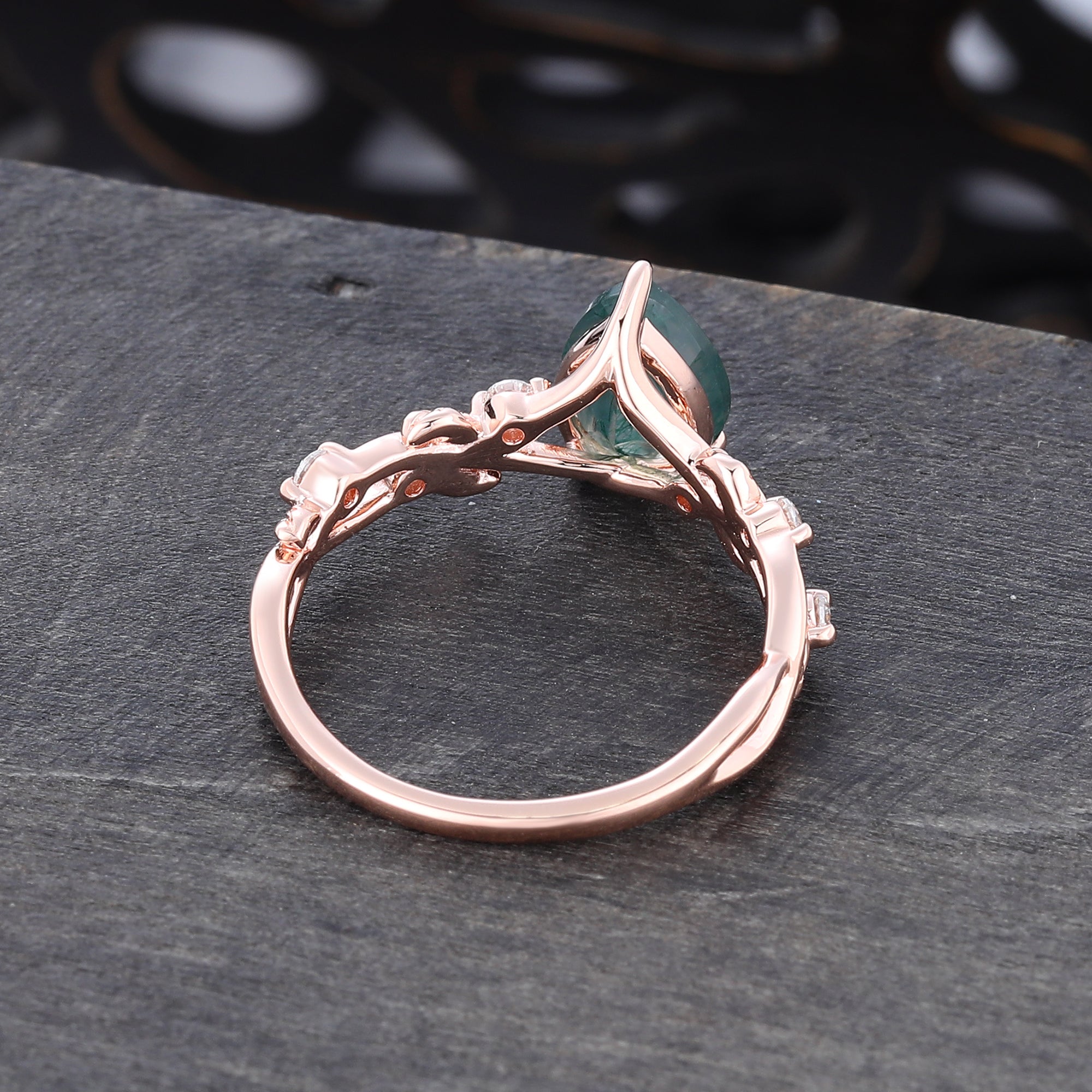 Pear Cut Moss Agate Engagement Ring Leaf Promise Ring