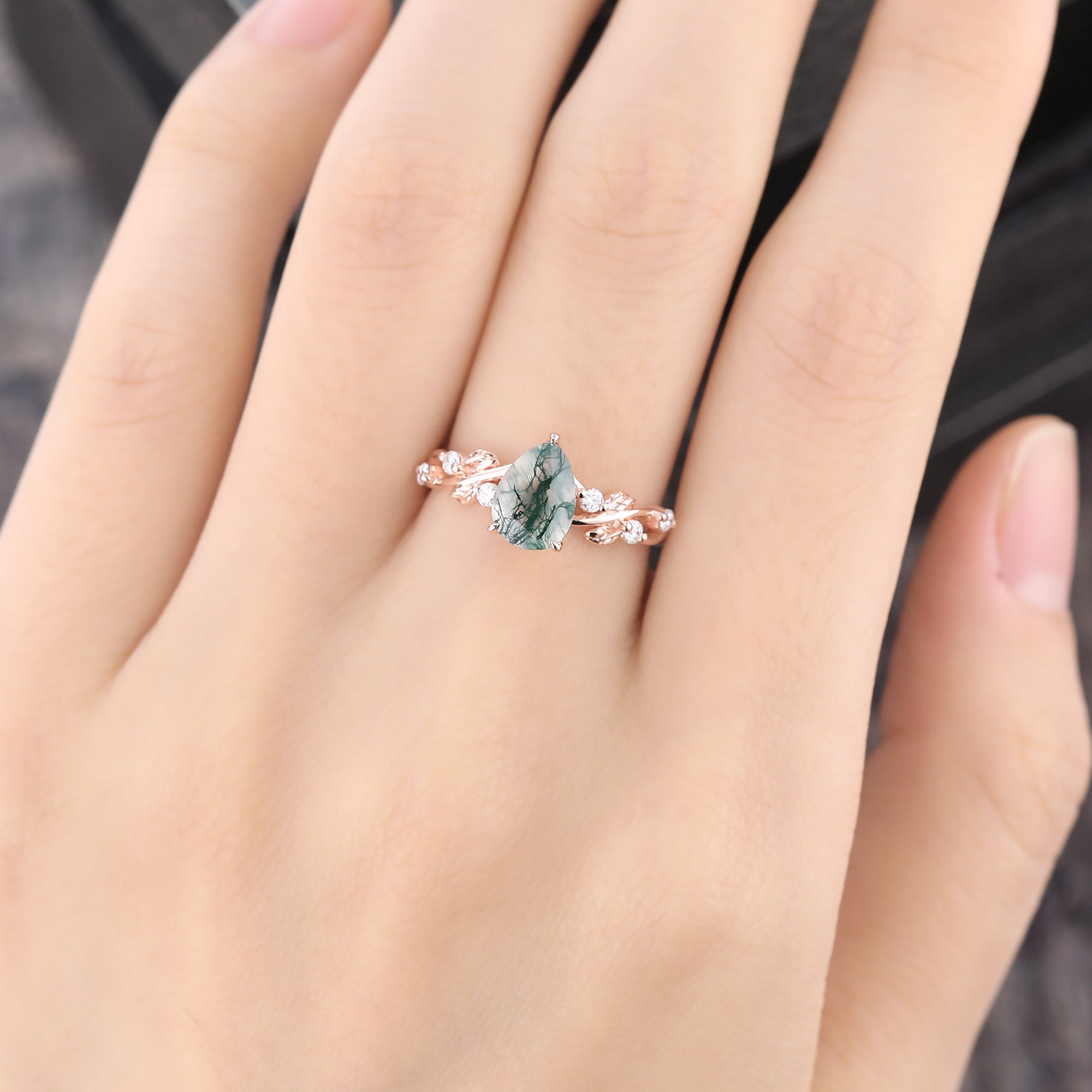 Pear Cut Moss Agate Engagement Ring Leaf Promise Ring