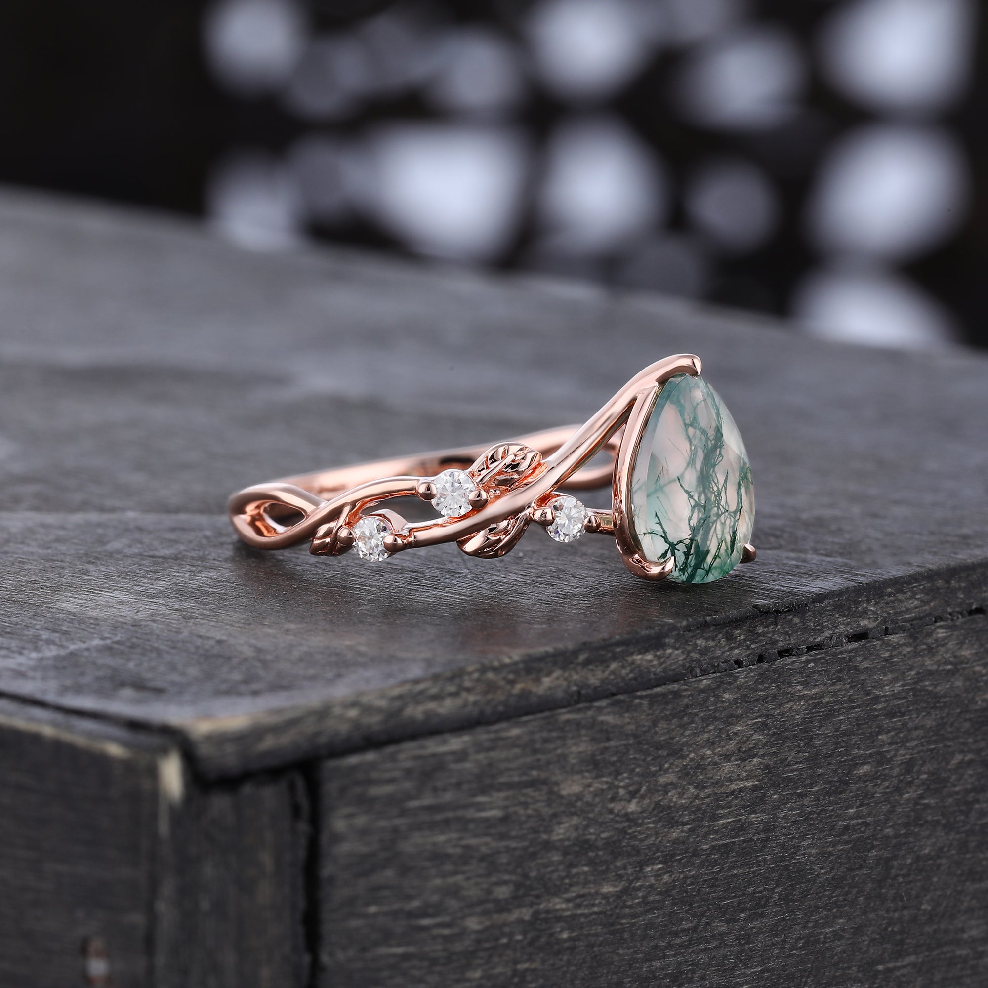 Pear Cut Moss Agate Engagement Ring Leaf Promise Ring