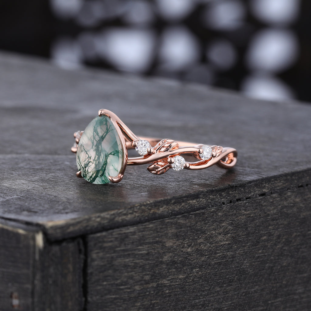 Pear Cut Moss Agate Engagement Ring Leaf Promise Ring