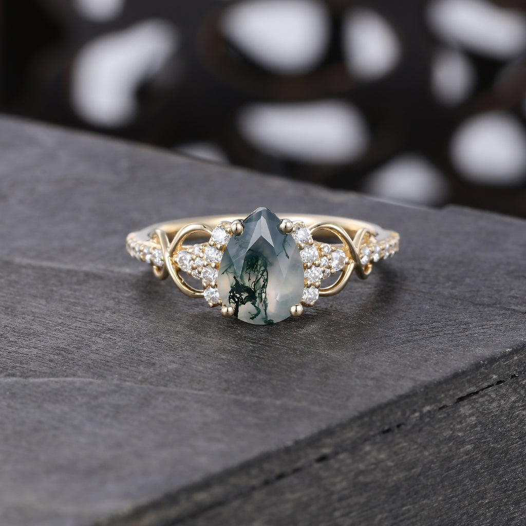Pear Cut Moss Agate Pavé Engagement Ring Infinity Promise Ring