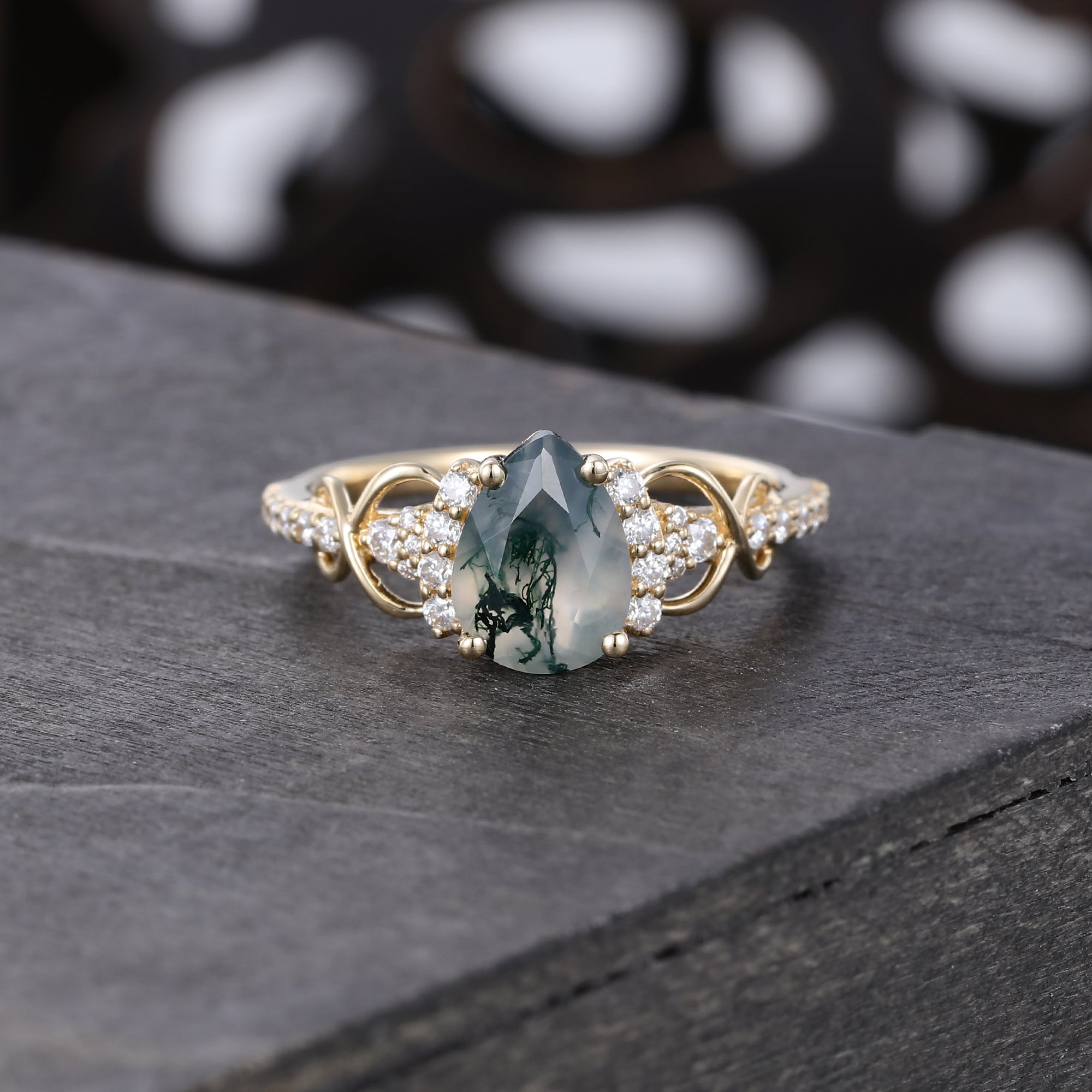 Pear Cut Moss Agate Pavé Engagement Ring Infinity Promise Ring