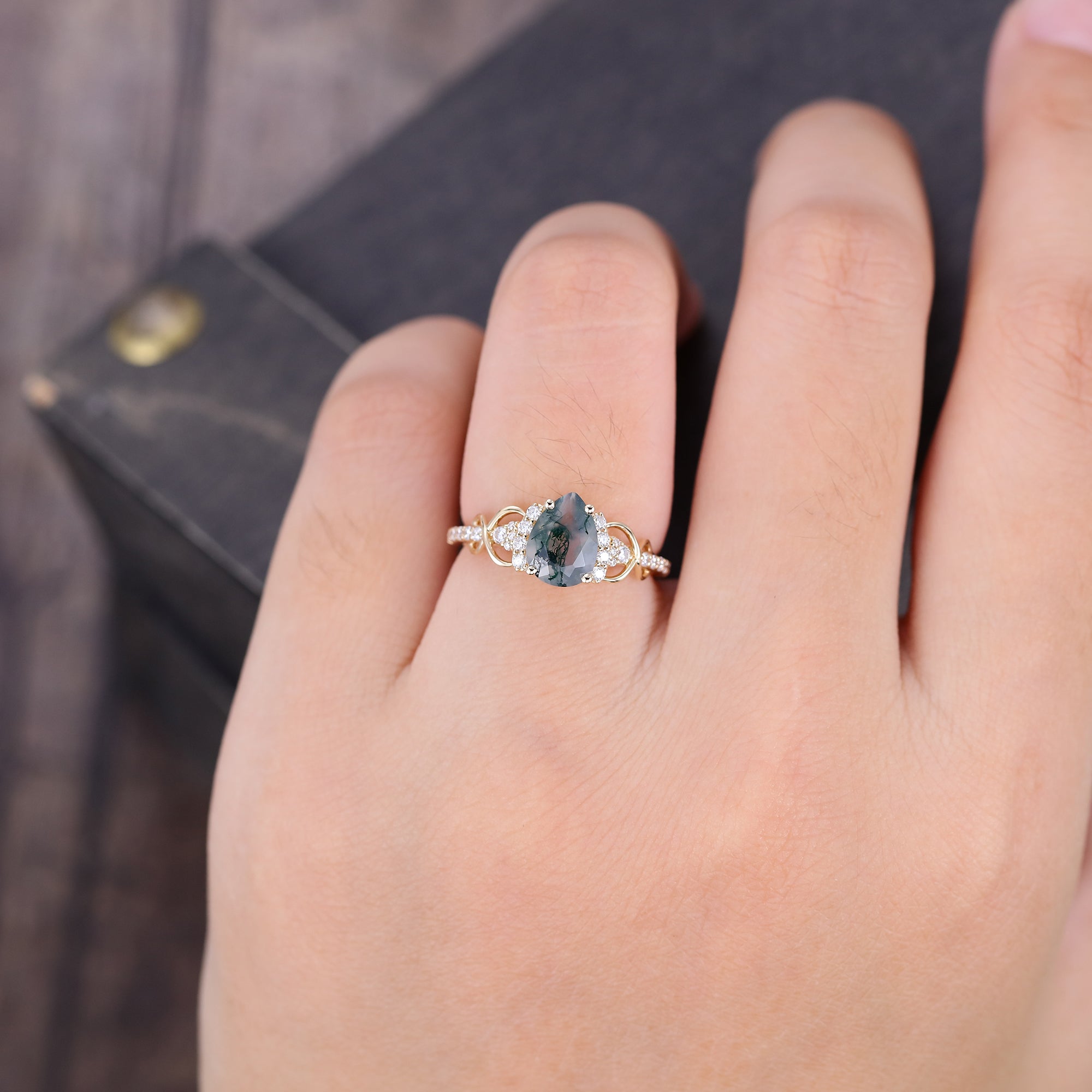 Pear Cut Moss Agate Pavé Engagement Ring Infinity Promise Ring