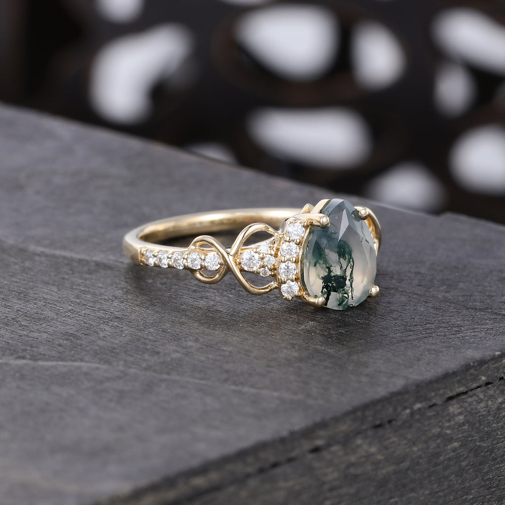Pear Cut Moss Agate Pavé Engagement Ring Infinity Promise Ring
