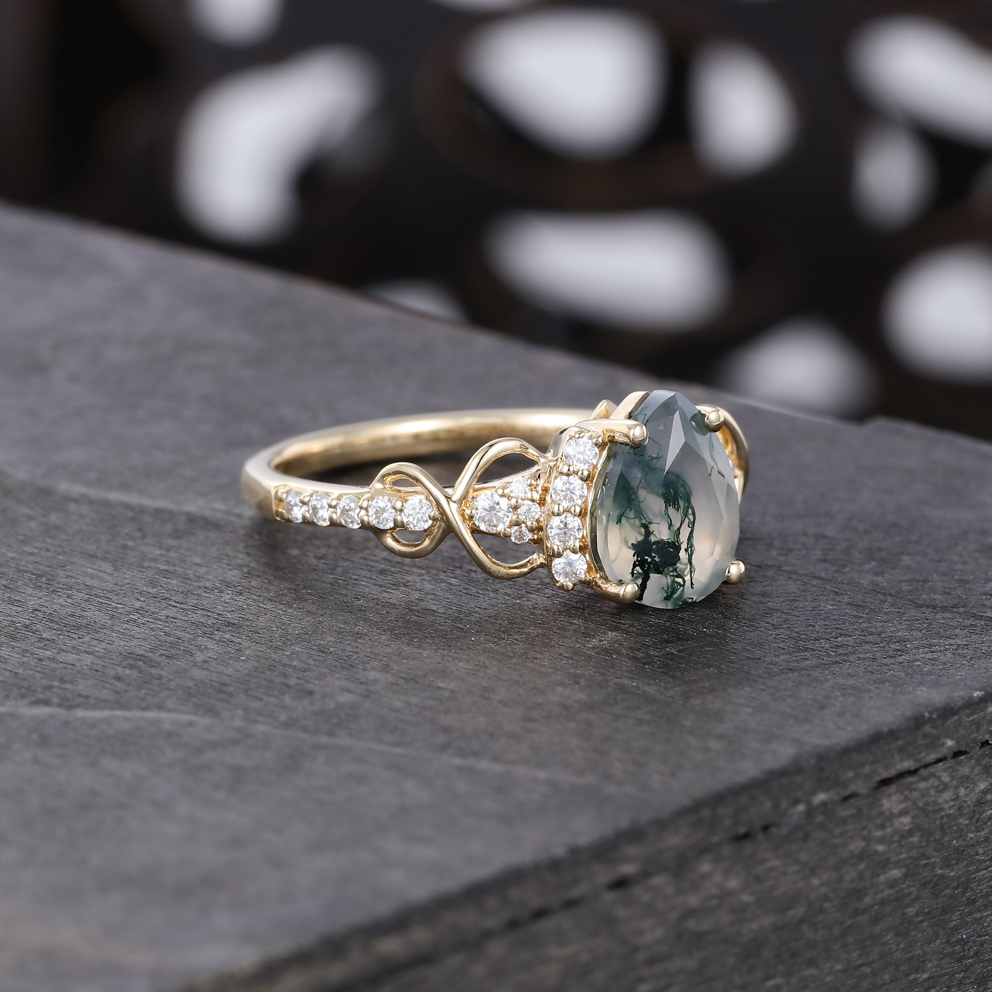 Pear Cut Moss Agate Pavé Engagement Ring Infinity Promise Ring