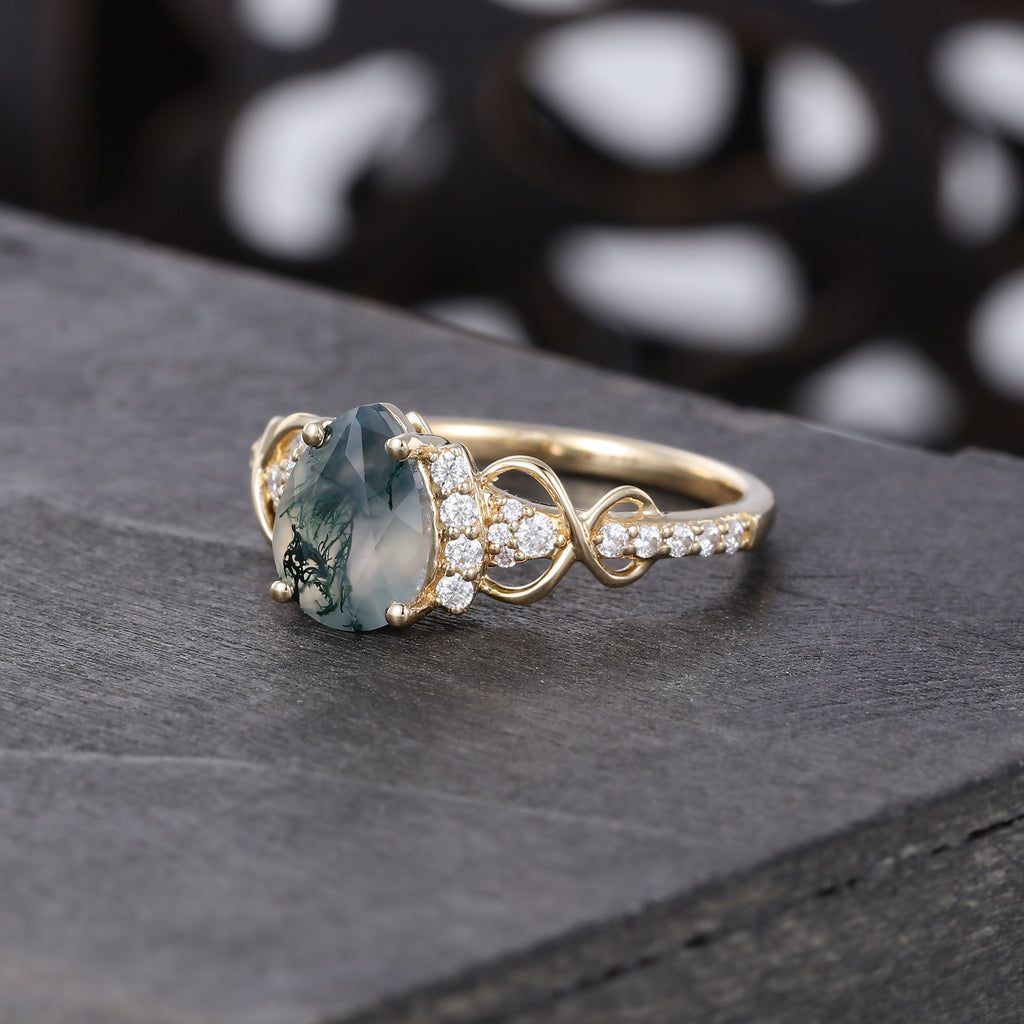 Pear Cut Moss Agate Pavé Engagement Ring Infinity Promise Ring