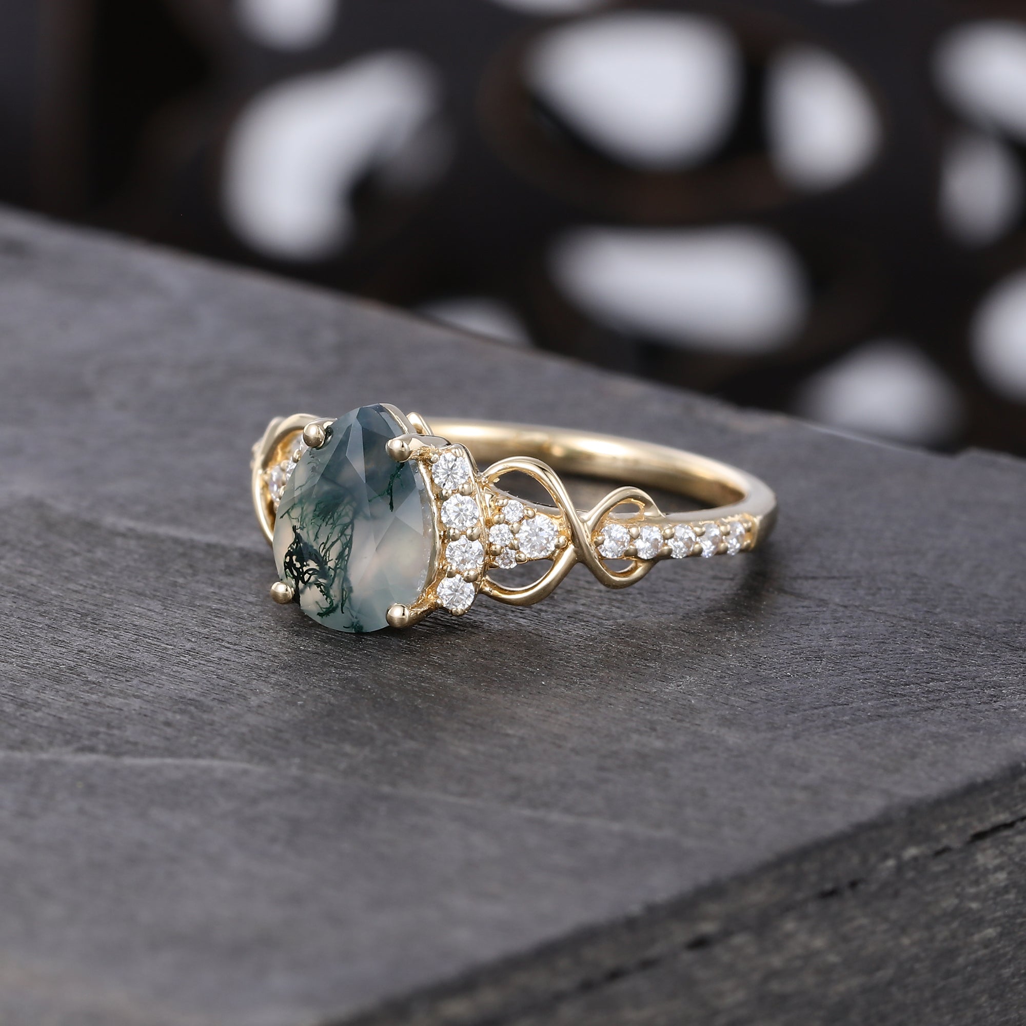 Pear Cut Moss Agate Pavé Engagement Ring Infinity Promise Ring