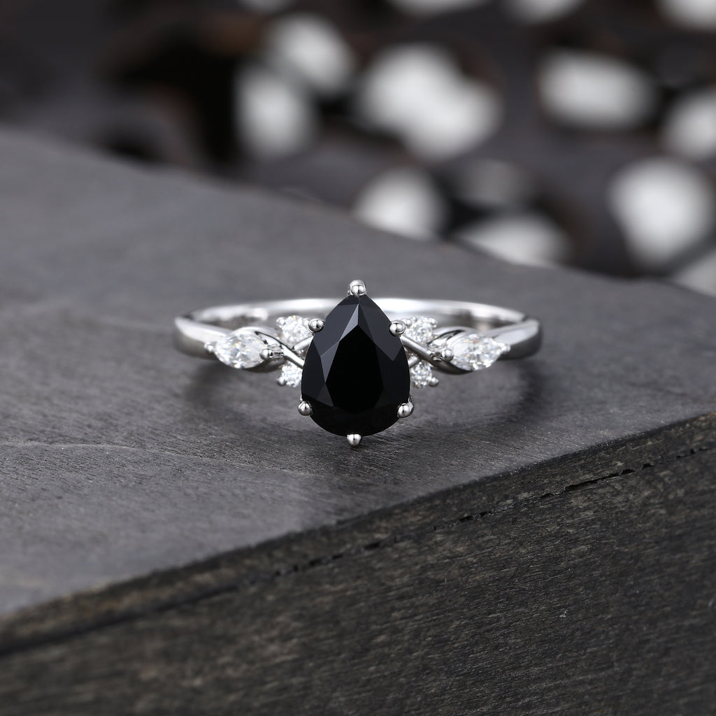 Pear Shaped Black Onyx Art Deco Engagement Ring Accented With Moissanite
