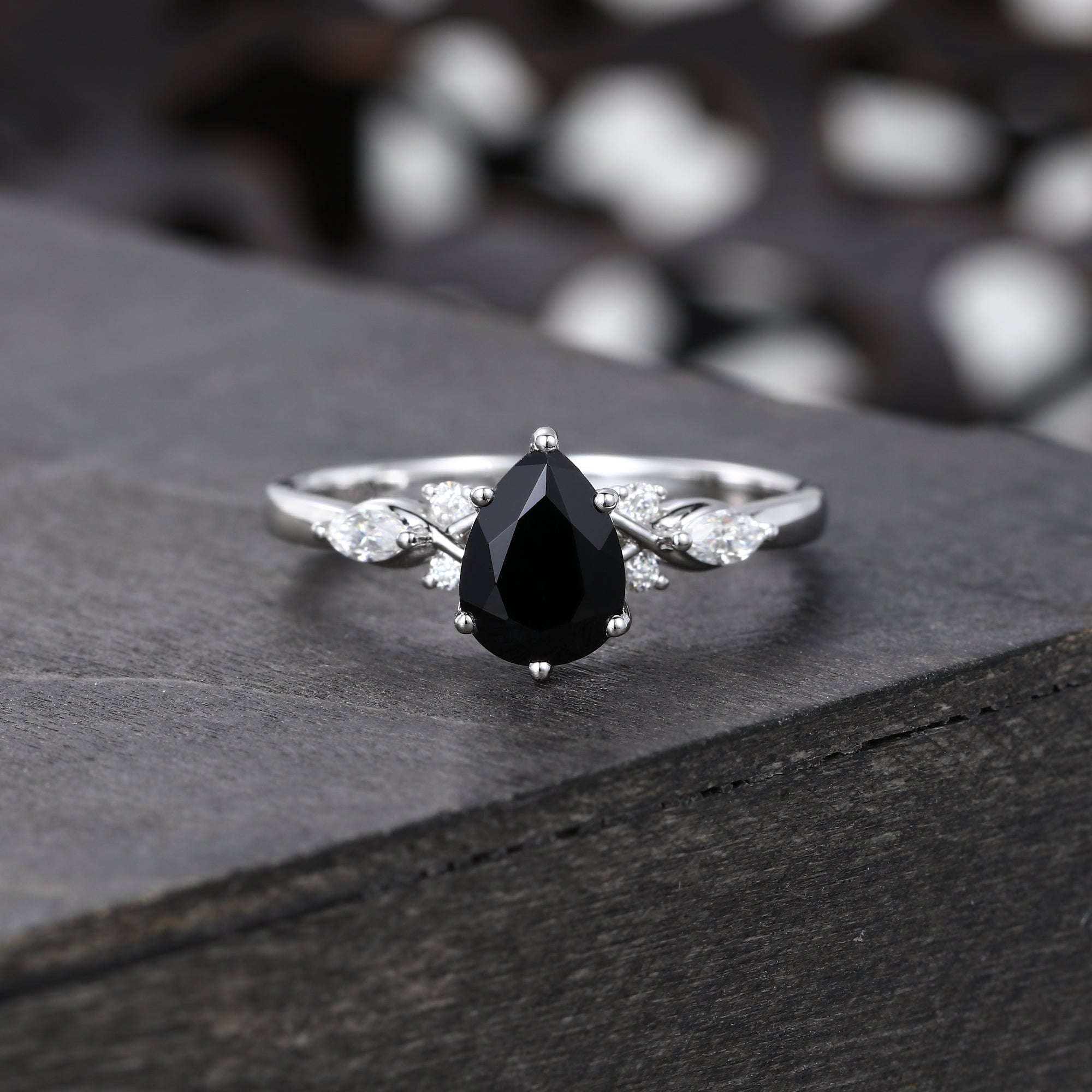 Pear Shaped Black Onyx Art Deco Engagement Ring Accented With Moissanite