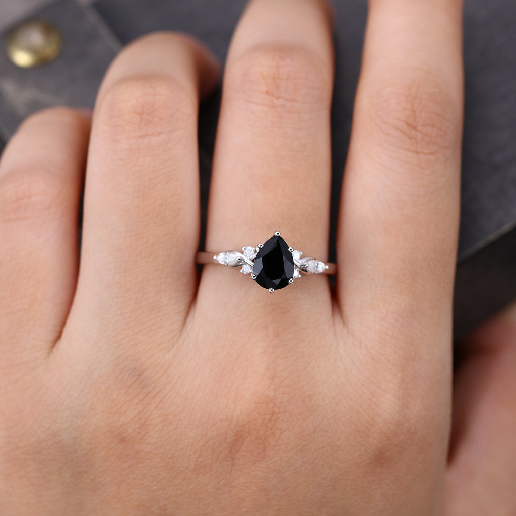 Pear Shaped Black Onyx Art Deco Engagement Ring Accented With Moissanite