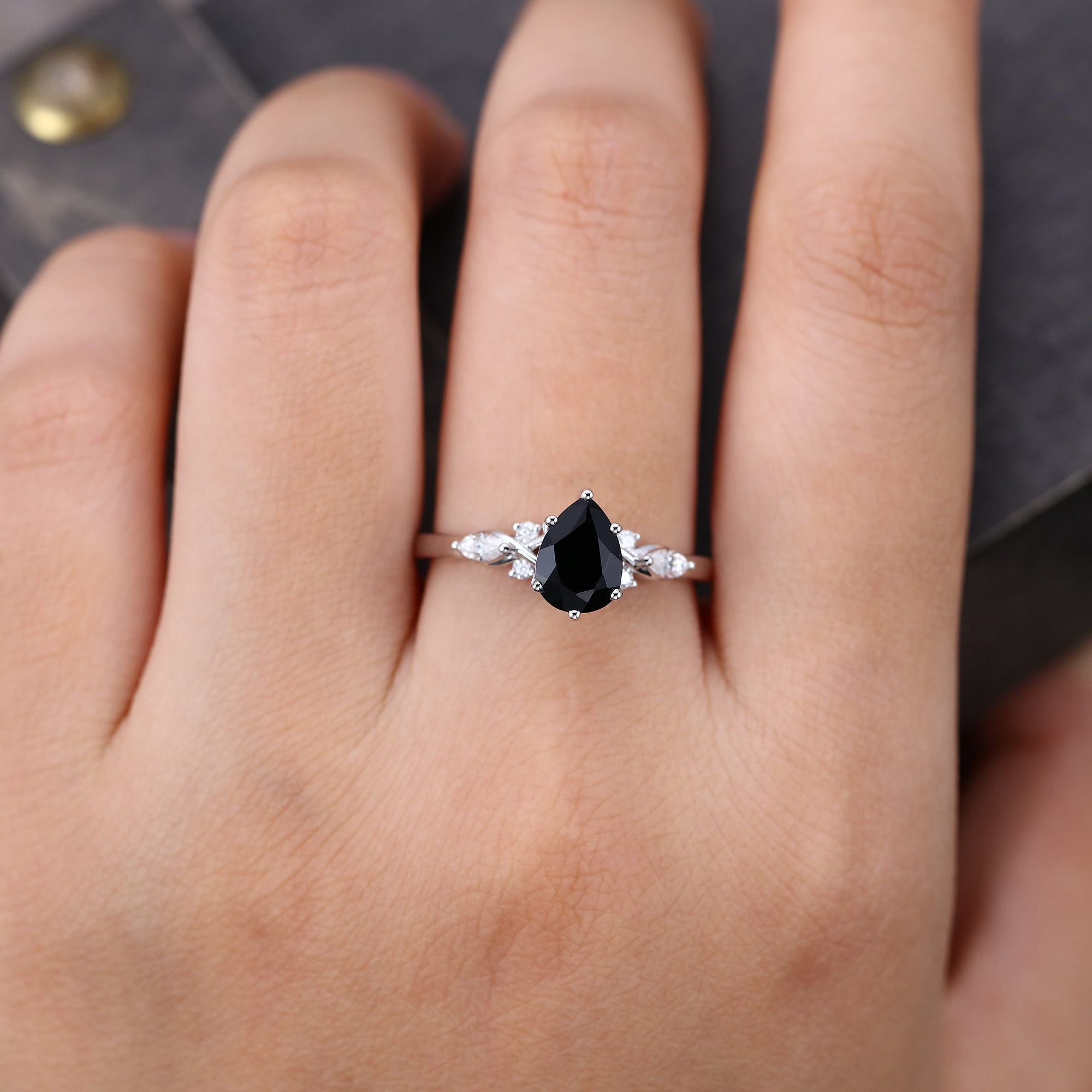 Pear Shaped Black Onyx Art Deco Engagement Ring Accented With Moissanite