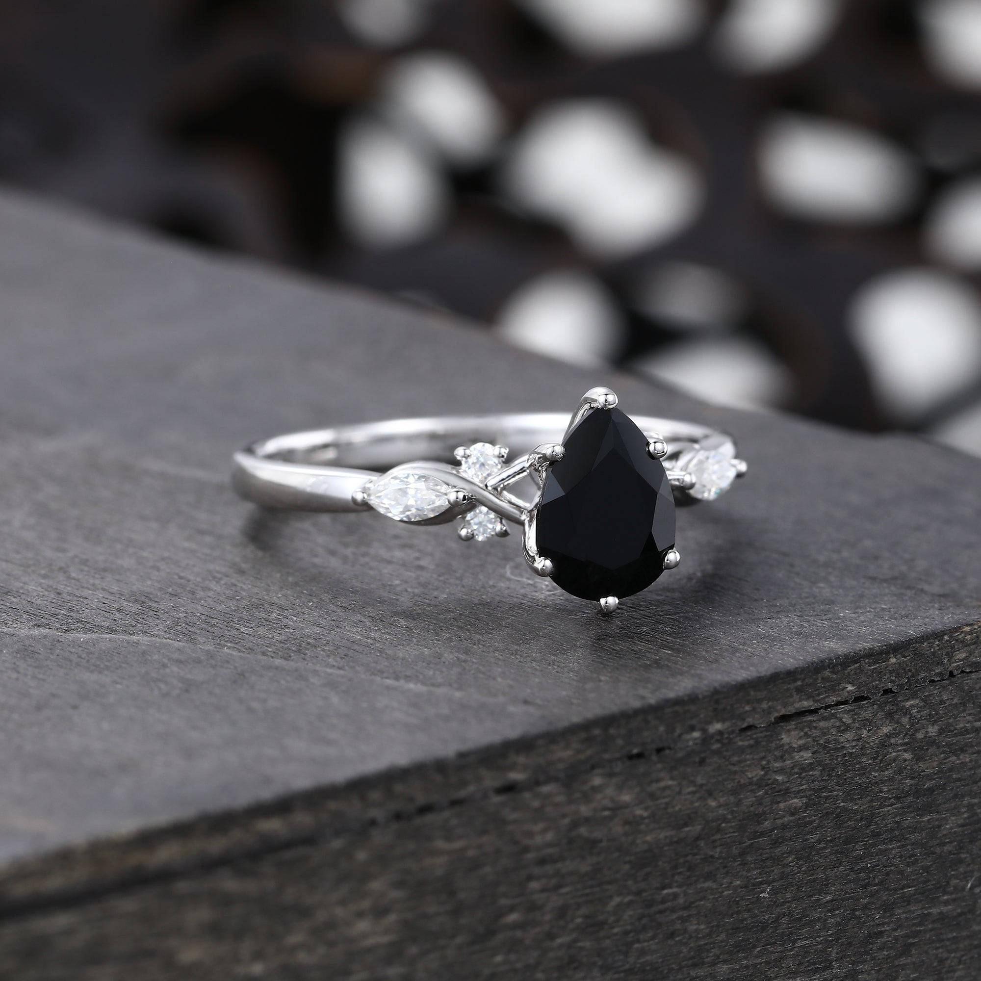 Pear Shaped Black Onyx Art Deco Engagement Ring Accented With Moissanite