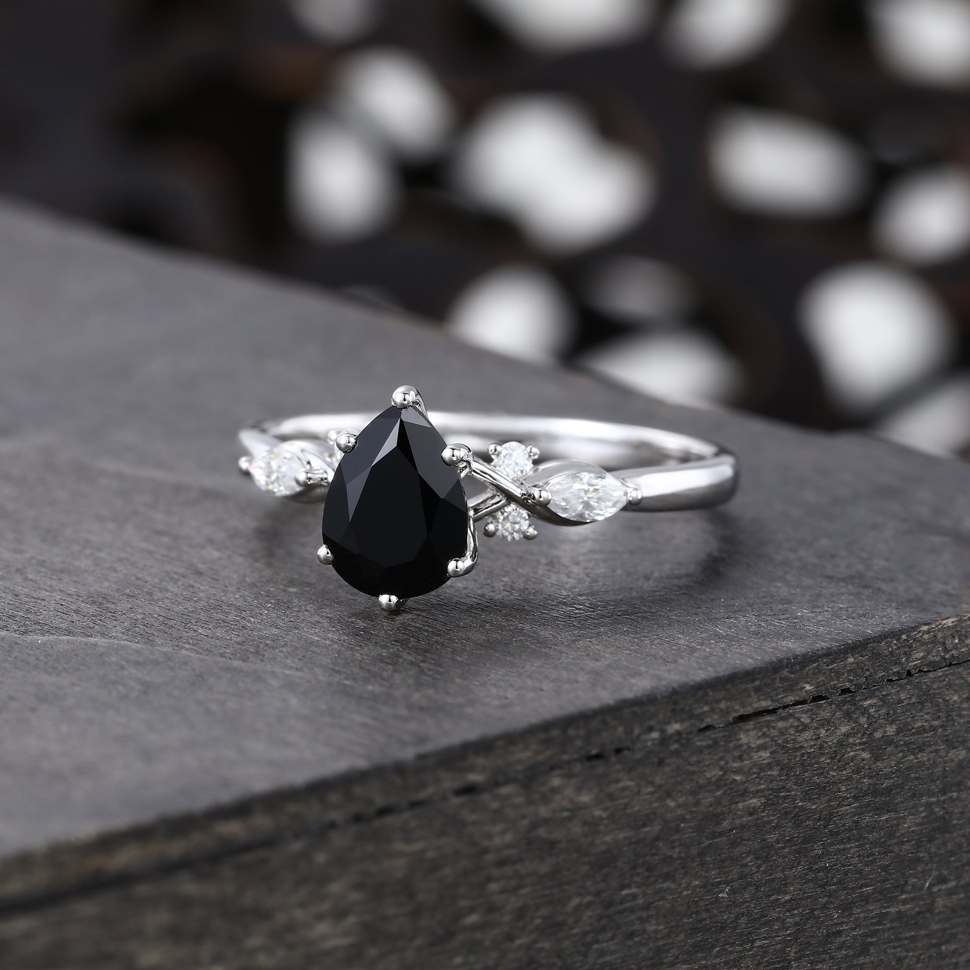 Pear Shaped Black Onyx Art Deco Engagement Ring Accented With Moissanite