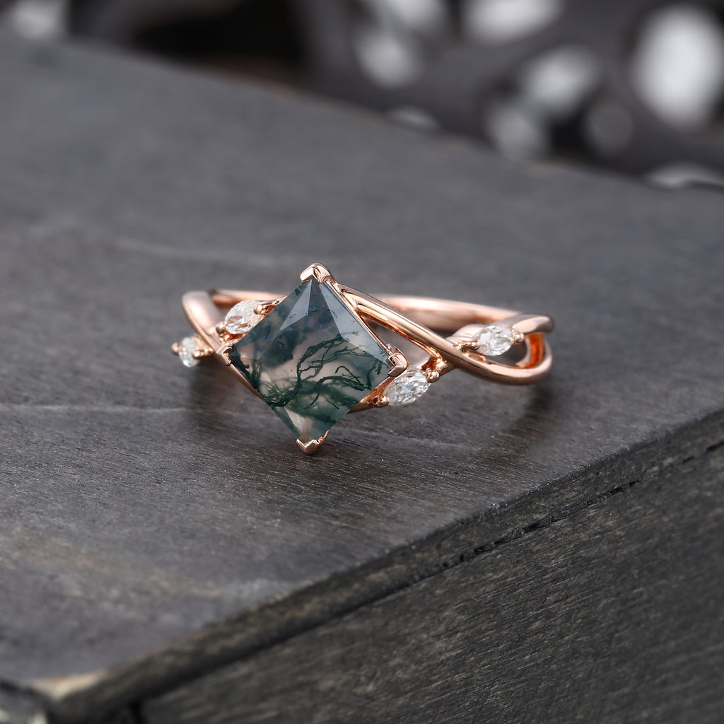 Princess Cut Moss Agate Engagement Ring Crossover Shank Promise Ring