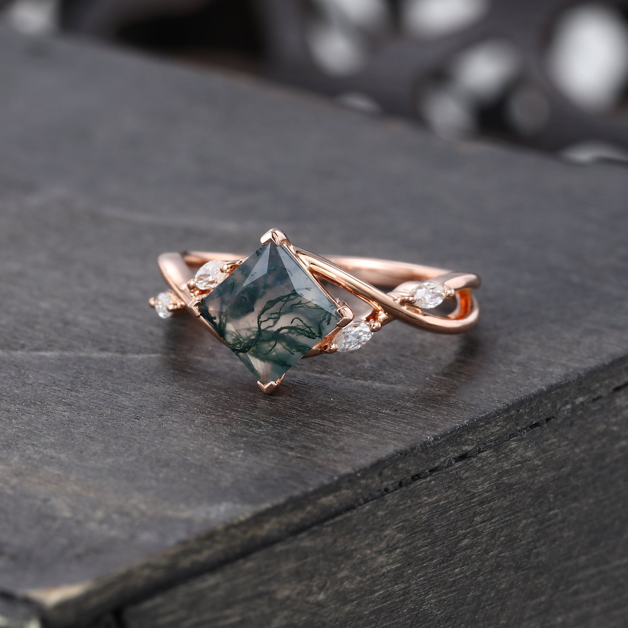 Princess Cut Moss Agate Engagement Ring Crossover Shank Promise Ring