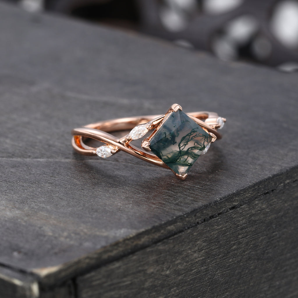 Princess Cut Moss Agate Engagement Ring Crossover Shank Promise Ring