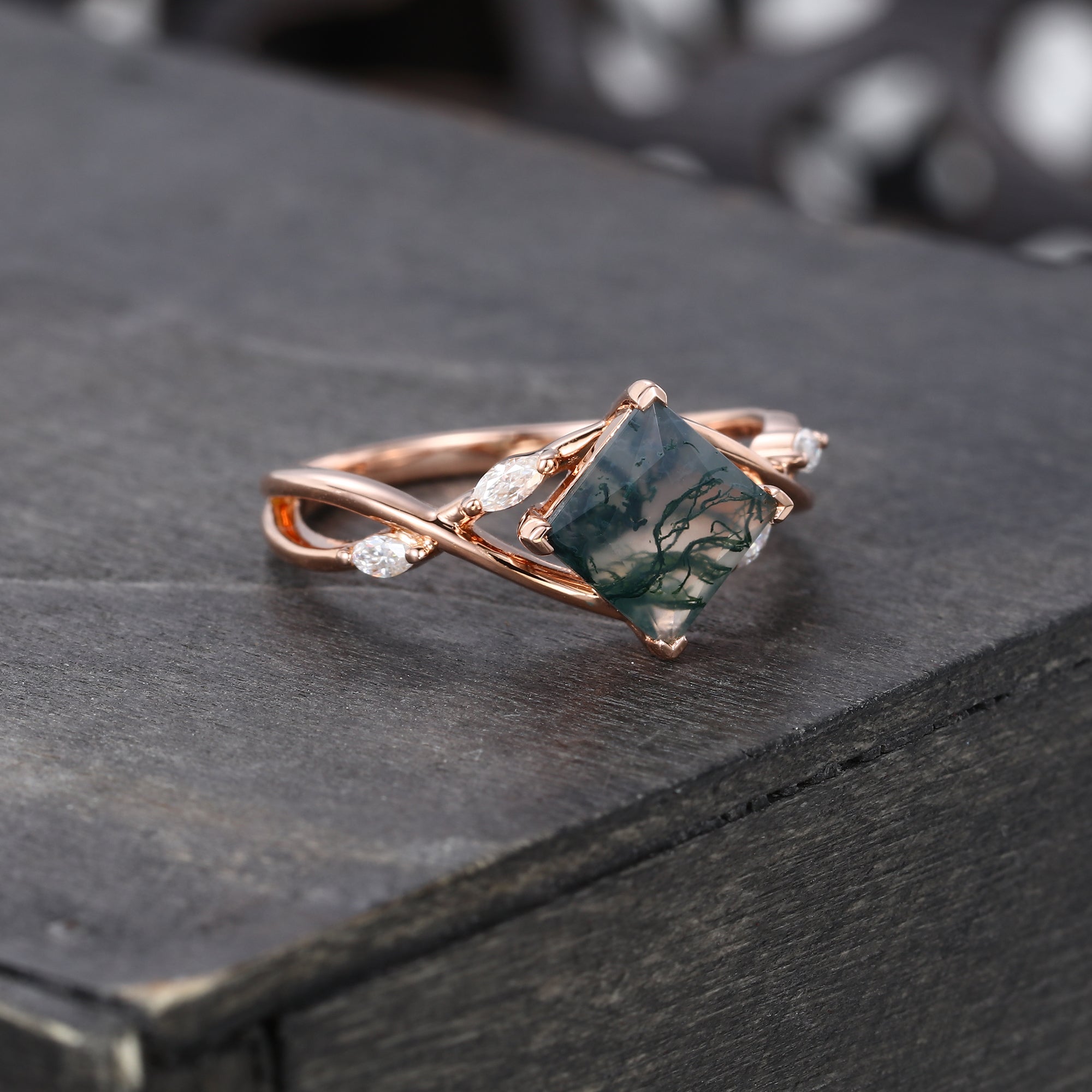 Princess Cut Moss Agate Engagement Ring Crossover Shank Promise Ring