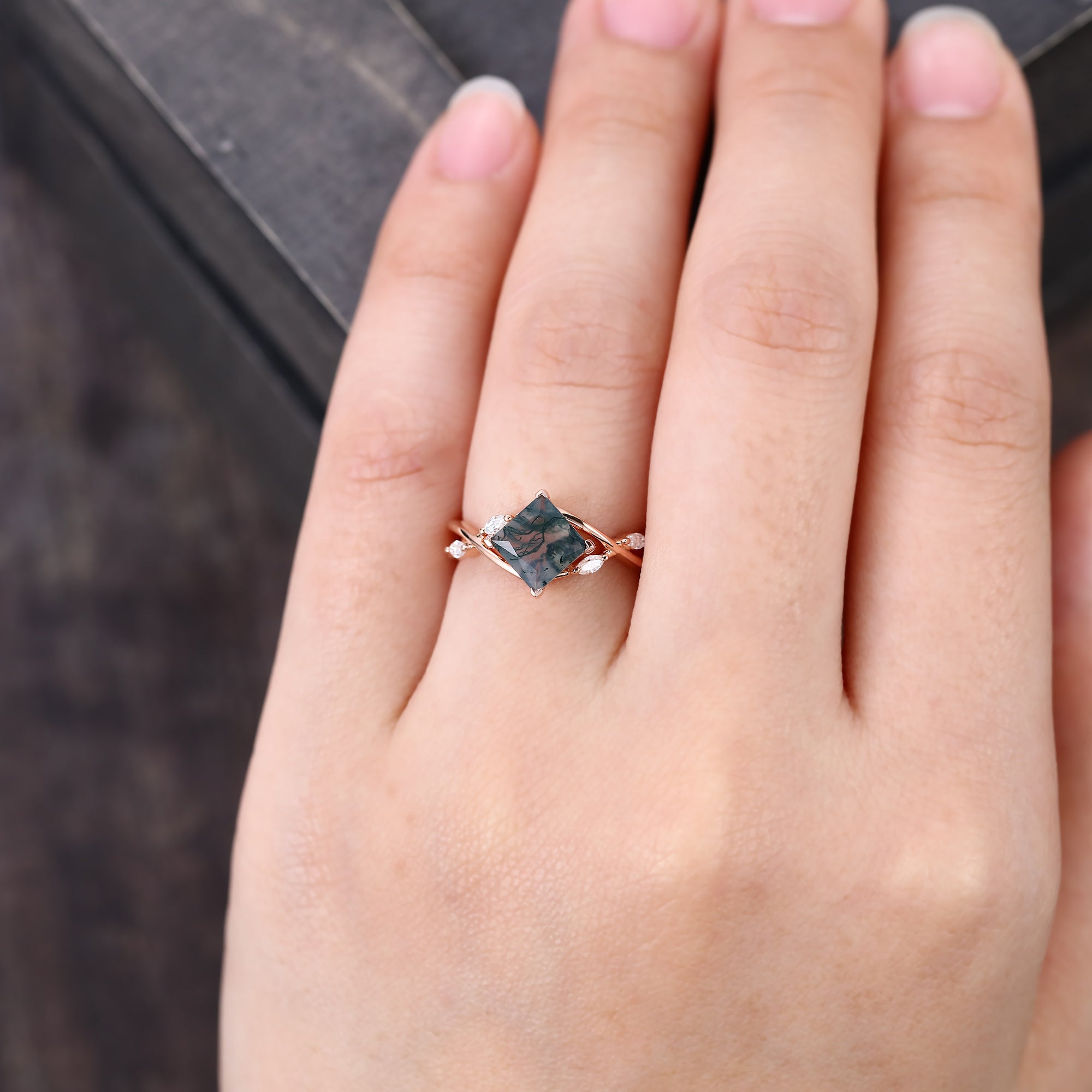 Princess Cut Moss Agate Engagement Ring Crossover Shank Promise Ring