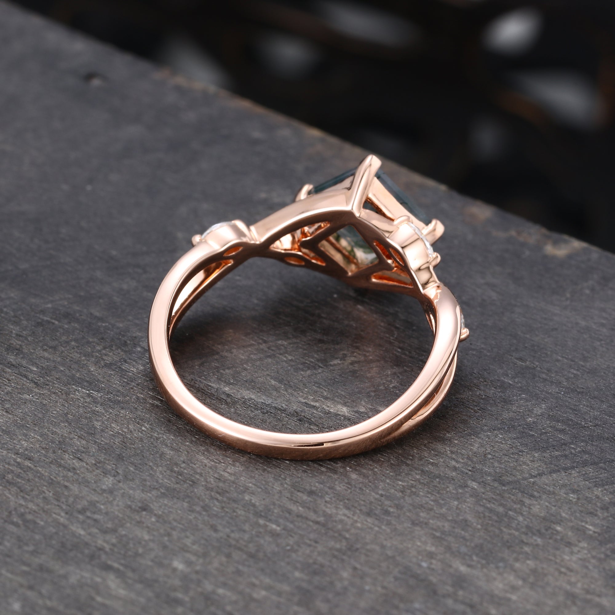 Princess Cut Moss Agate Engagement Ring Crossover Shank Promise Ring