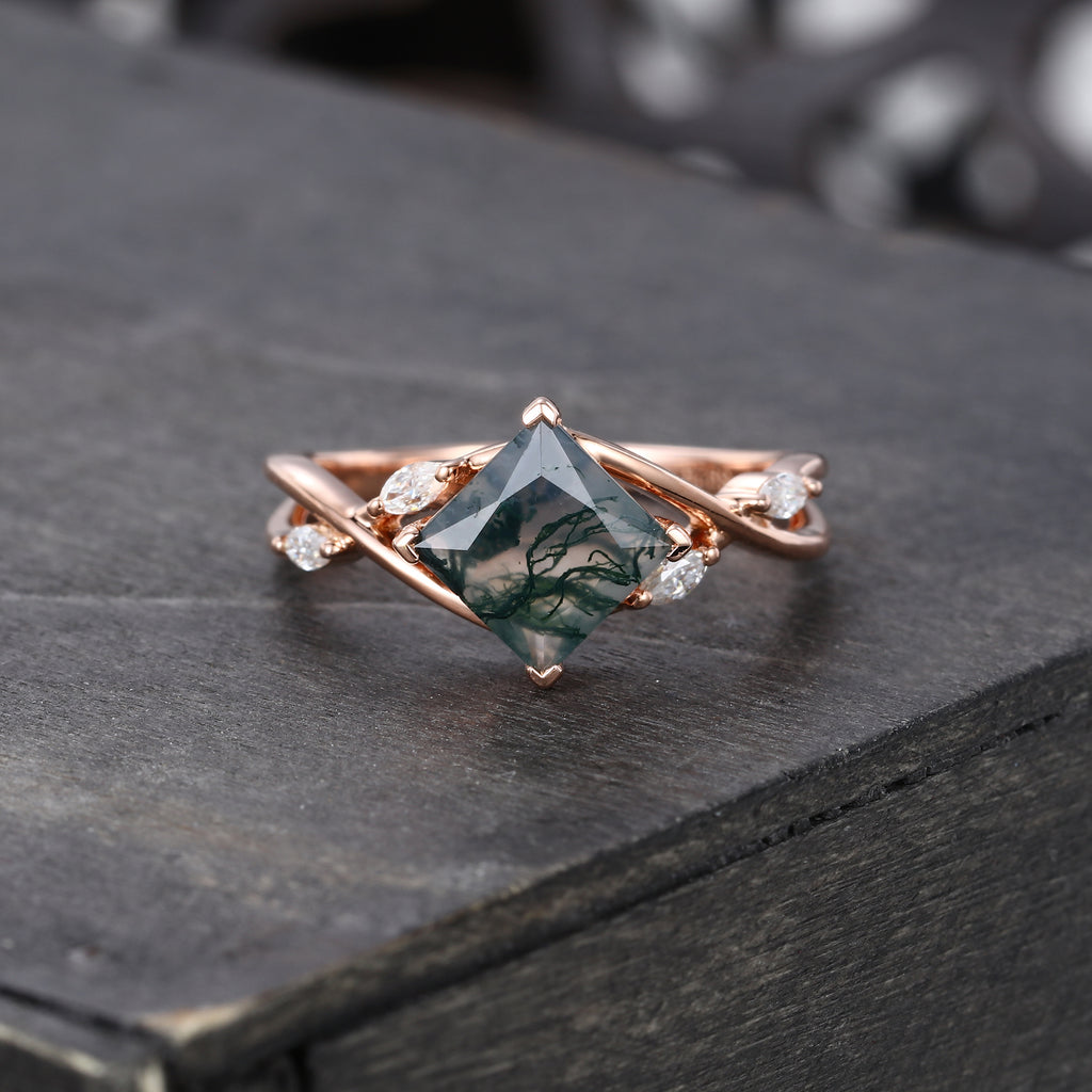 Princess Cut Moss Agate Engagement Ring Crossover Shank Promise Ring