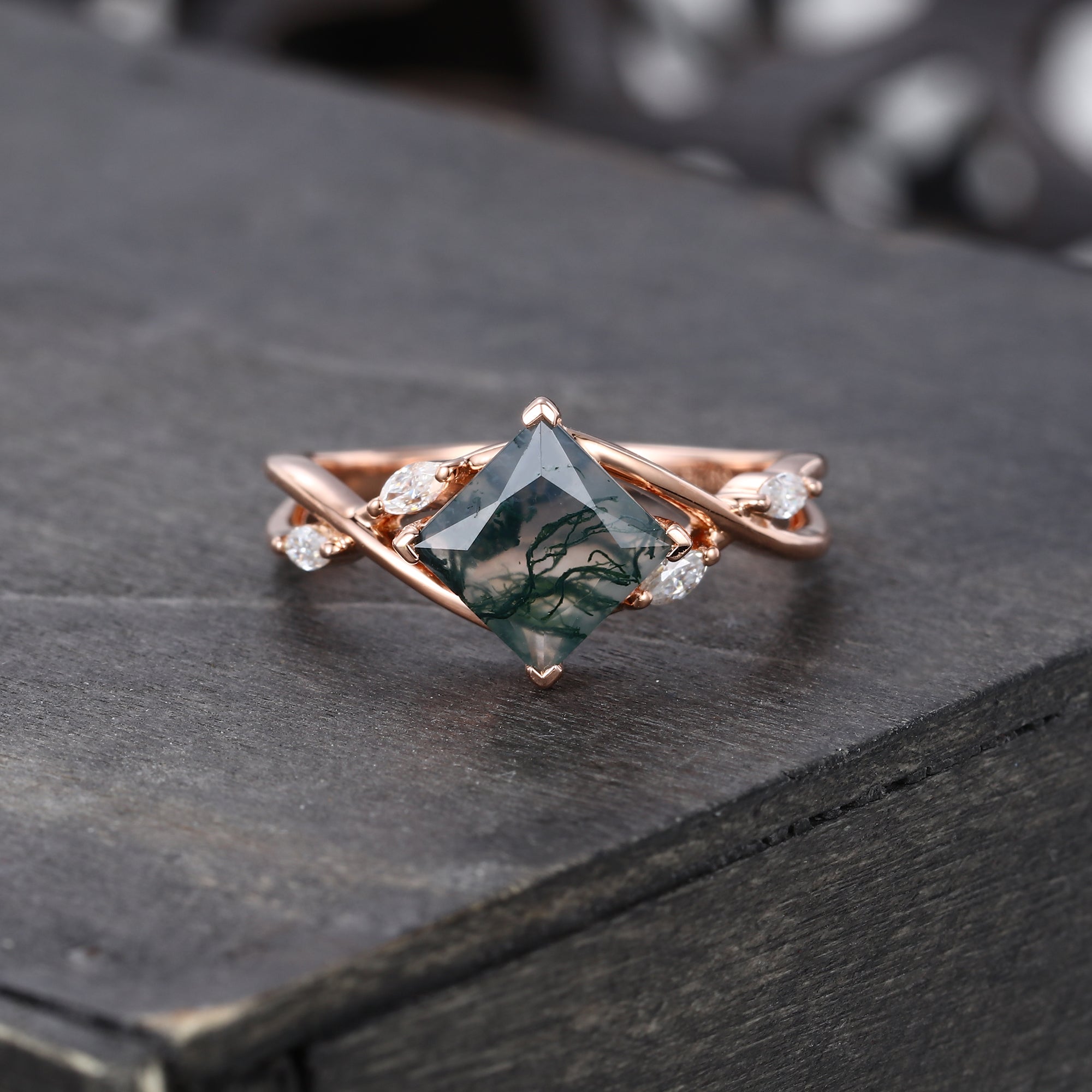 Princess Cut Moss Agate Engagement Ring Crossover Shank Promise Ring