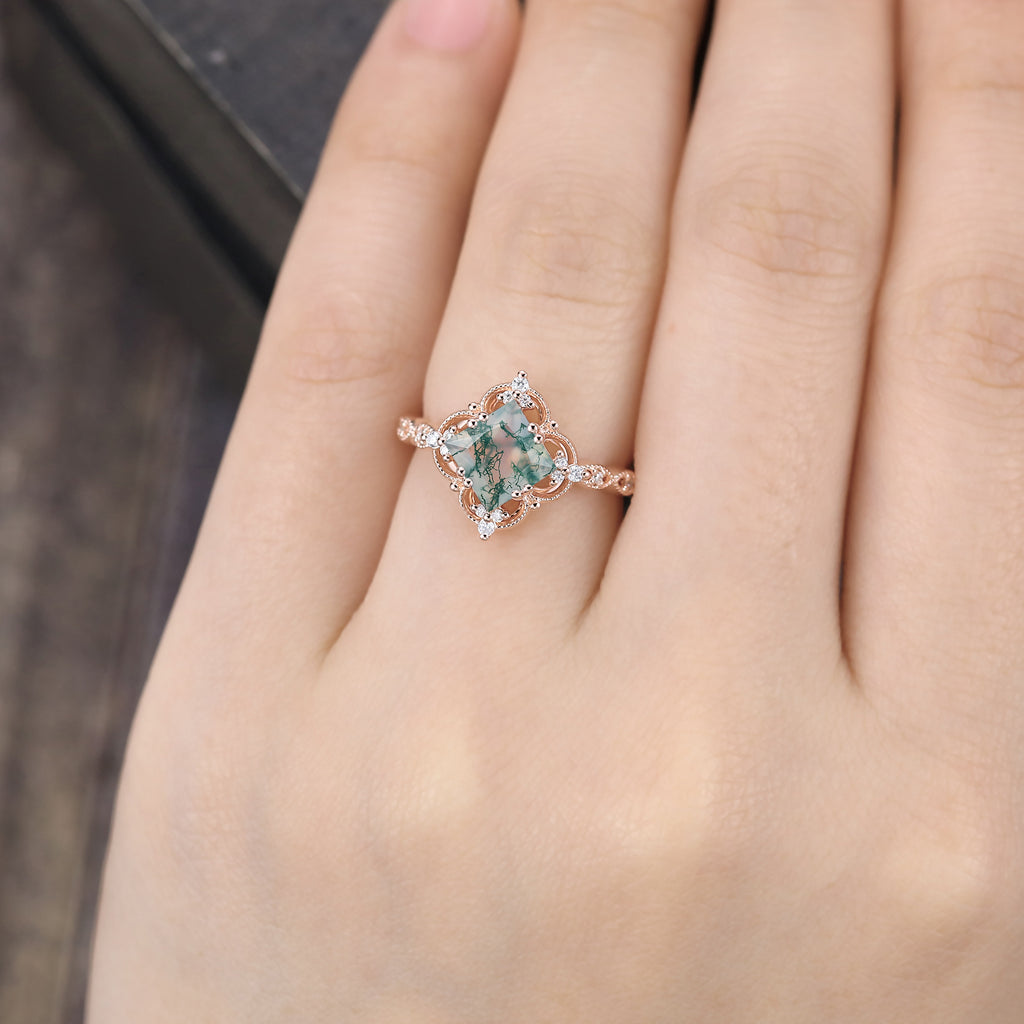 Princess Cut Moss Agate Engagement Ring Milgrain Lace Halo Promise Ring