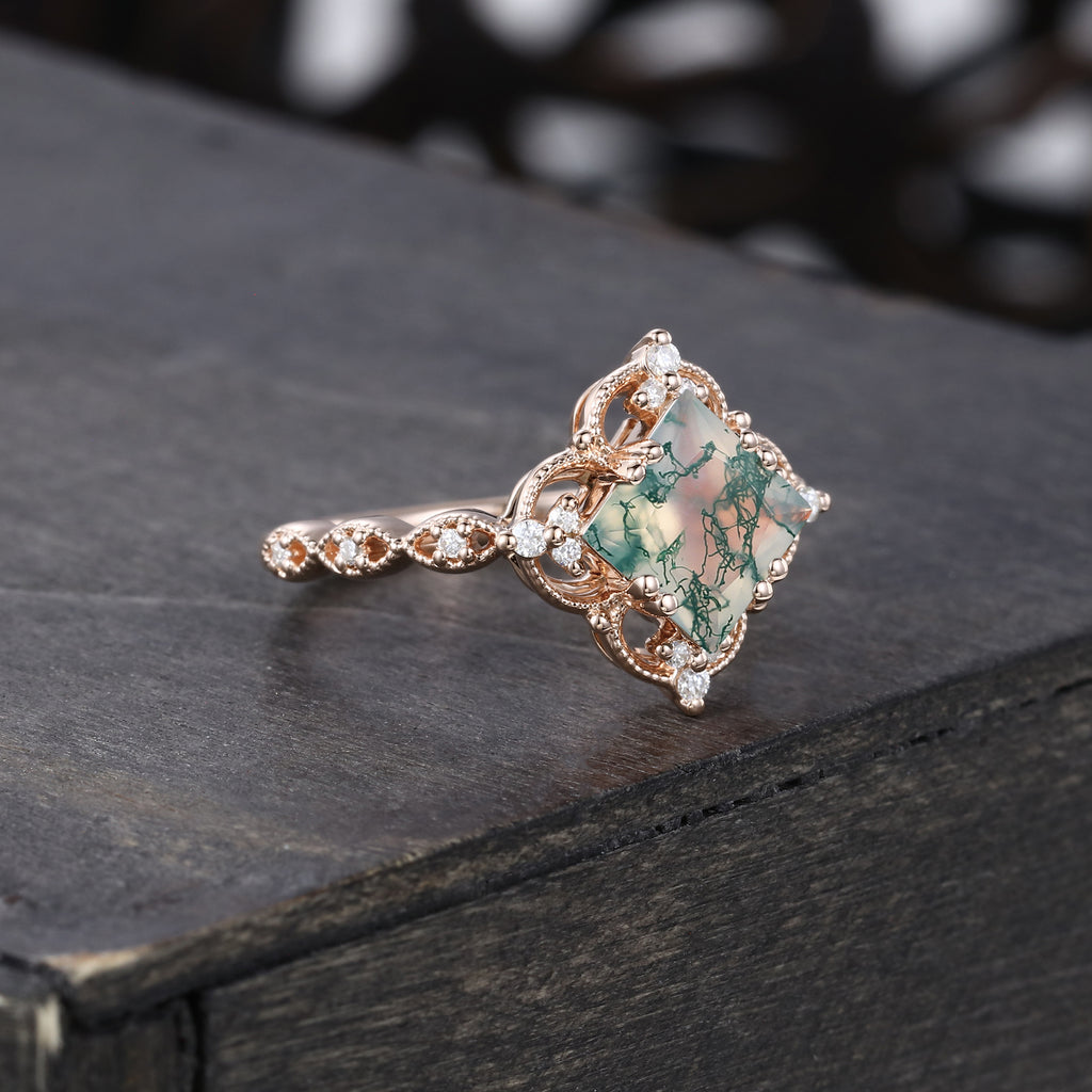 Princess Cut Moss Agate Engagement Ring Milgrain Lace Halo Promise Ring