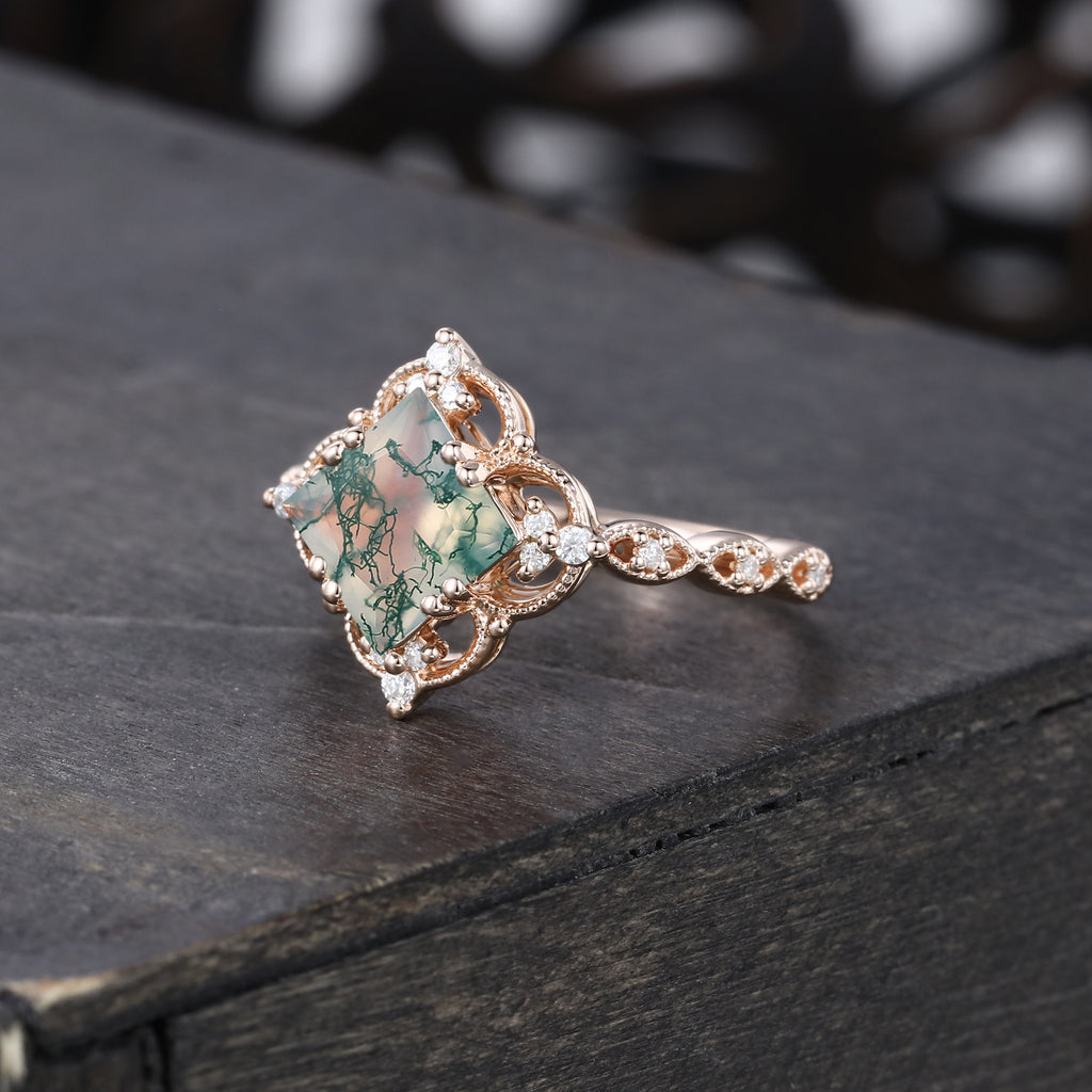 Princess Cut Moss Agate Engagement Ring Milgrain Lace Halo Promise Ring
